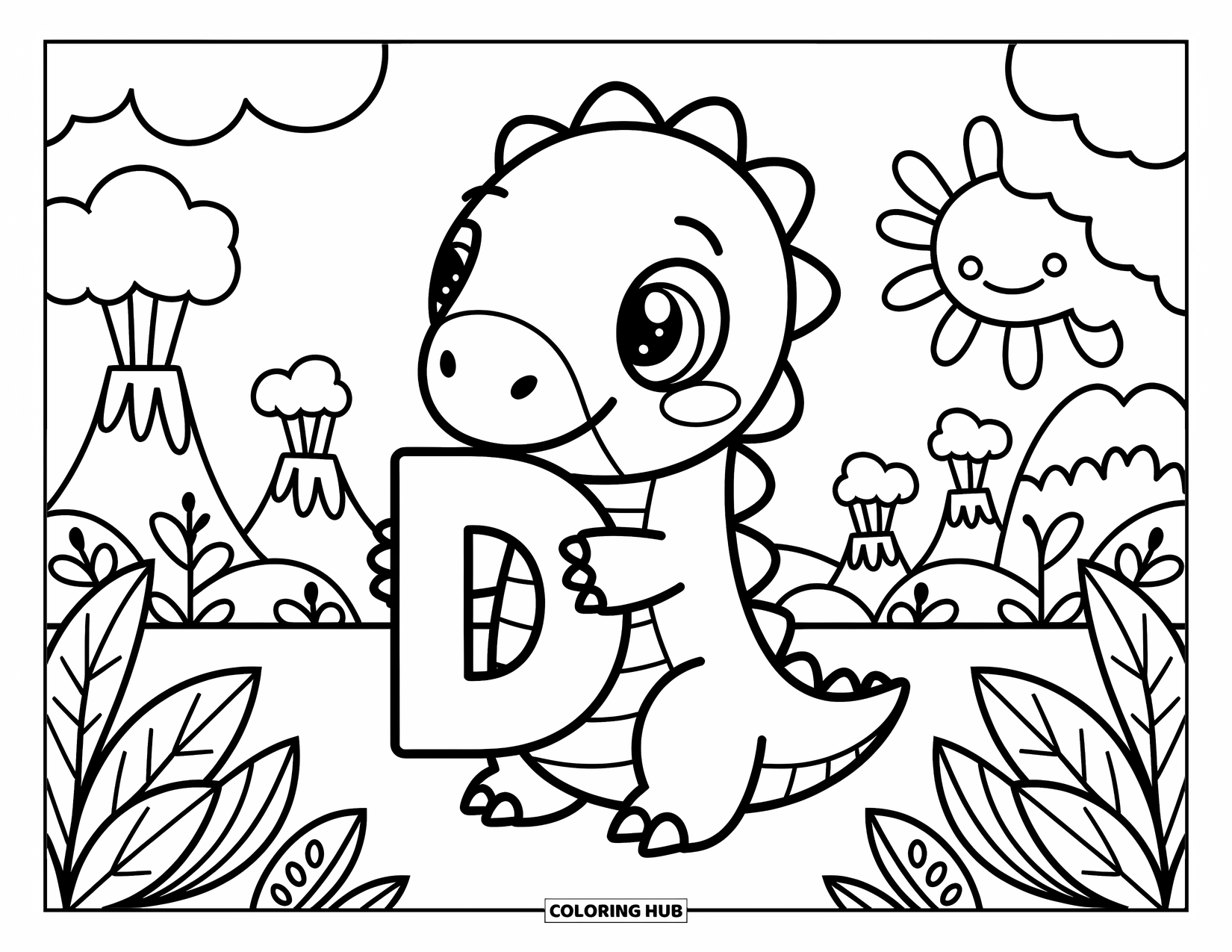 Letter D Coloring Page for Adults: A tiny dinosaur hugs the letter D under a sunny sky with puffing volcanoes
