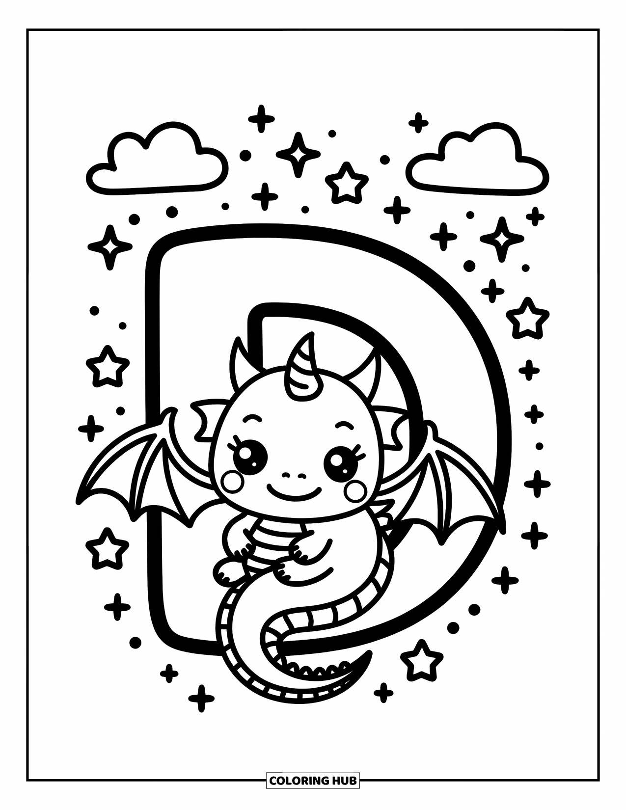 Letter D Coloring Page for Adults: A tiny dragon curls around a big letter D with stars and swirls above
