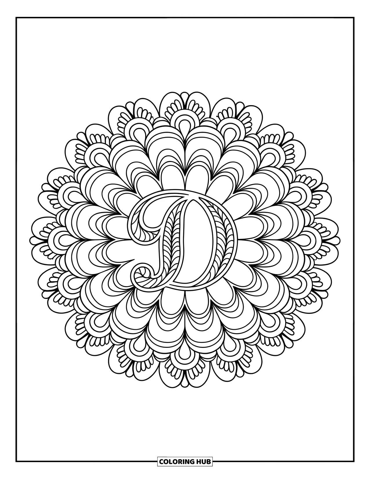 Letter D Coloring Page for Adults: An ornate D sits in a mandala made of lace and leafy curls