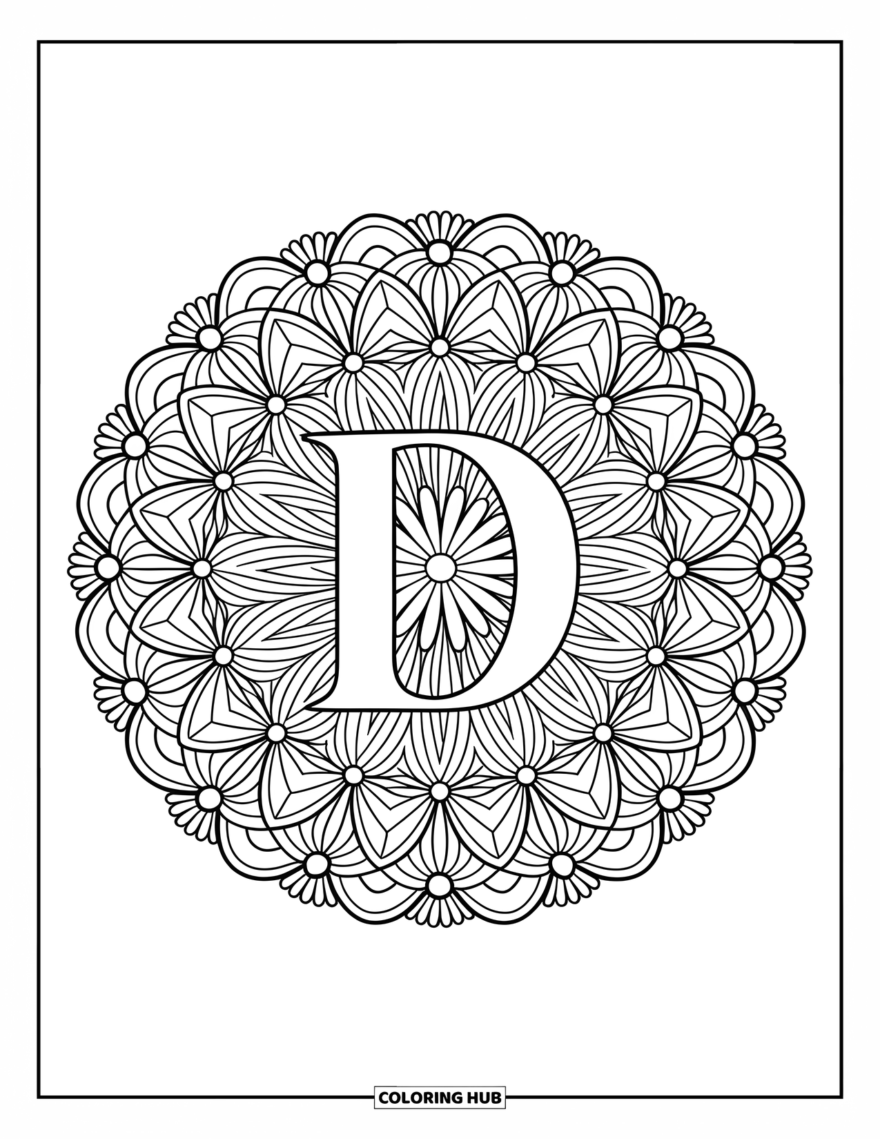 Letter D Coloring Page for Adults: Daisies bloom outward in layers around the letter D in a mandala