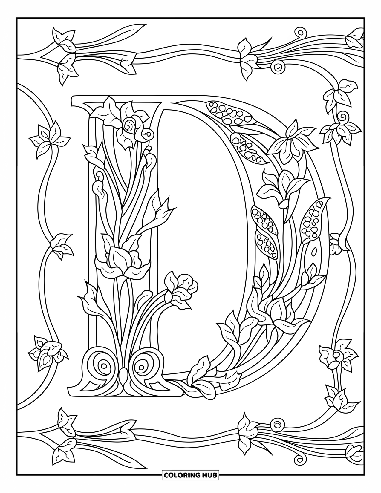 Letter D Coloring Page for Adults: Delicate curls and florals wrap around D in a symmetrical frame