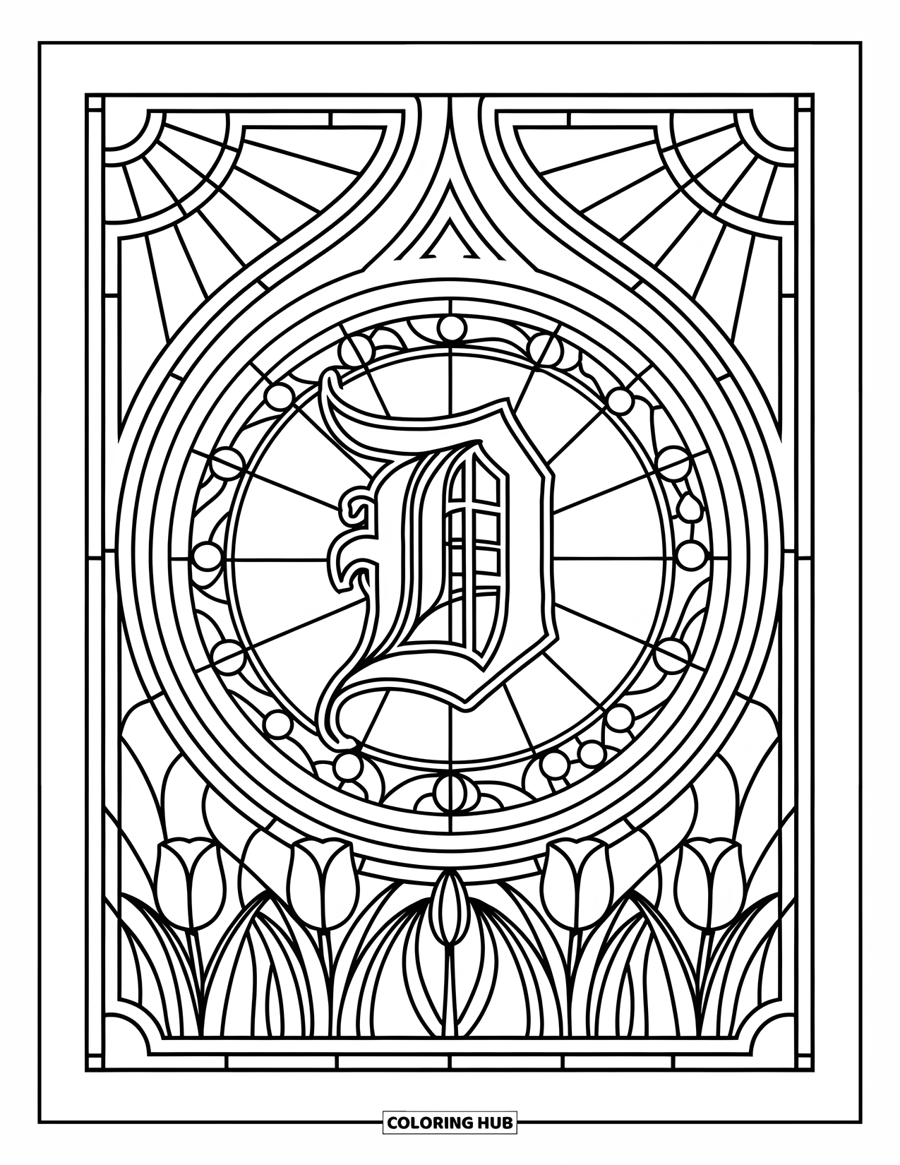 Letter D Coloring Page for Adults: Gothic sunbursts and tulips frame the D in this stained glass design