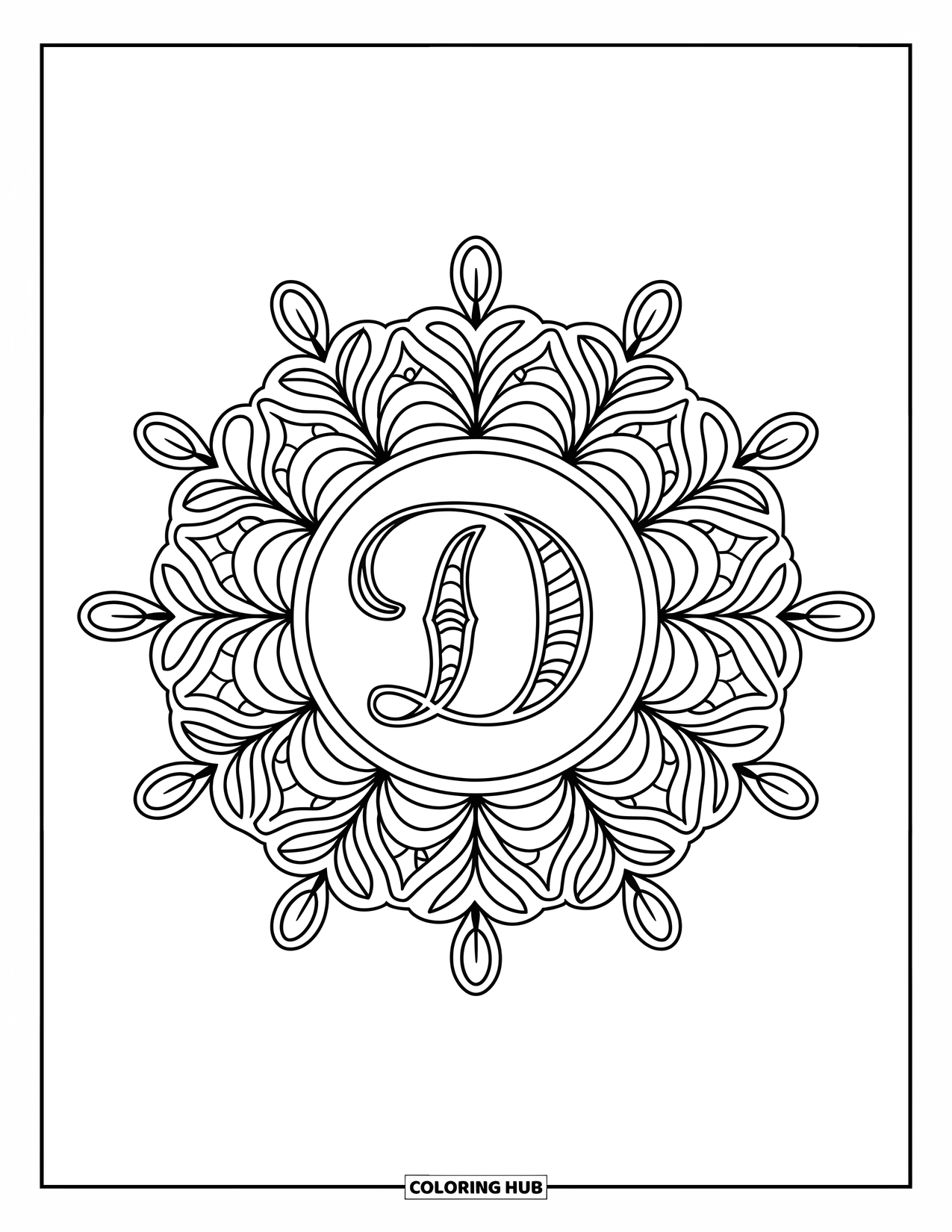 Letter D Coloring Page for Adults: Leafy curls and fine lace patterns form a mandala around D