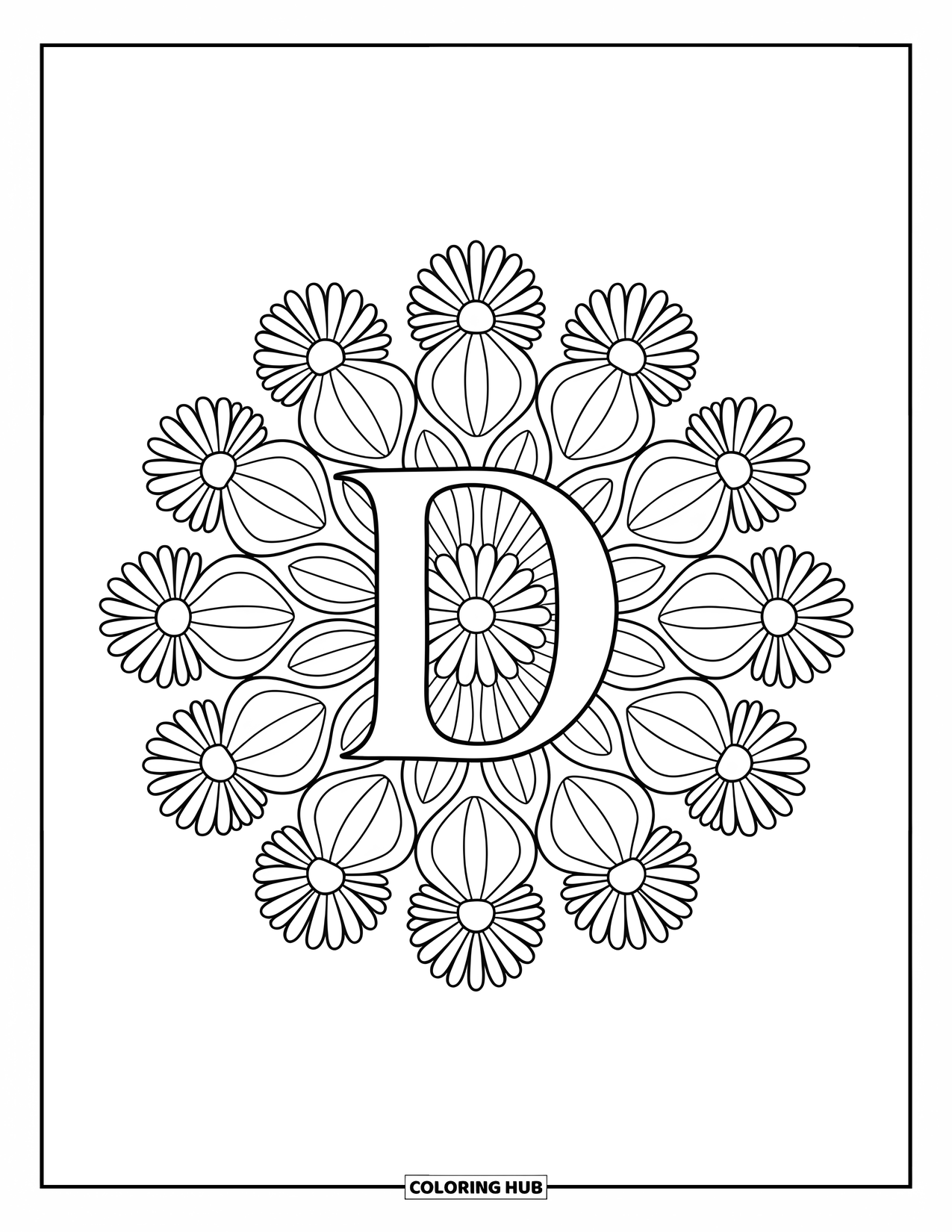 Letter D Coloring Page for Adults: Radiating daisies form a floral mandala around a centered letter D