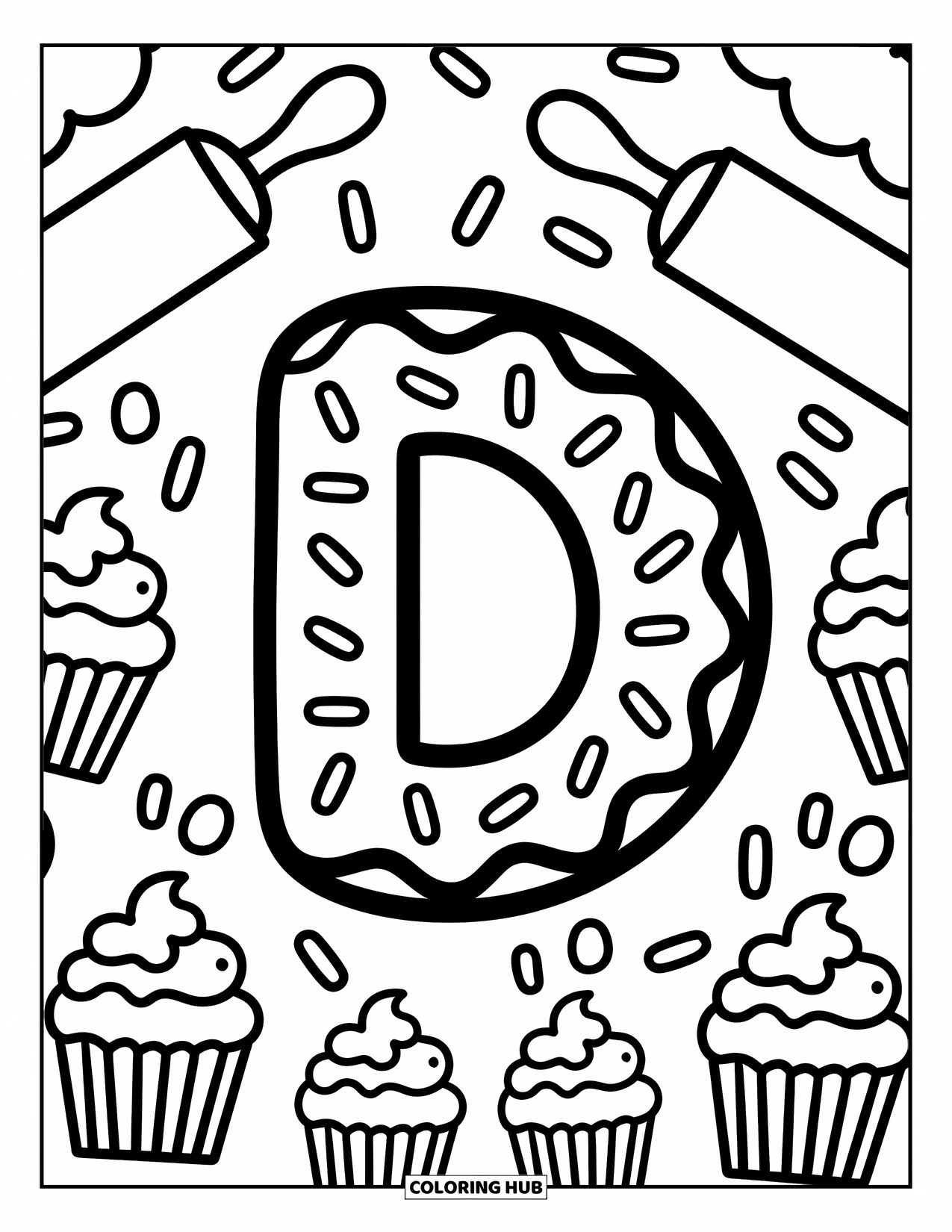 Letter D Coloring Page for Adults: The letter D becomes a donut with sprinkles, surrounded by baking tools and cupcakes