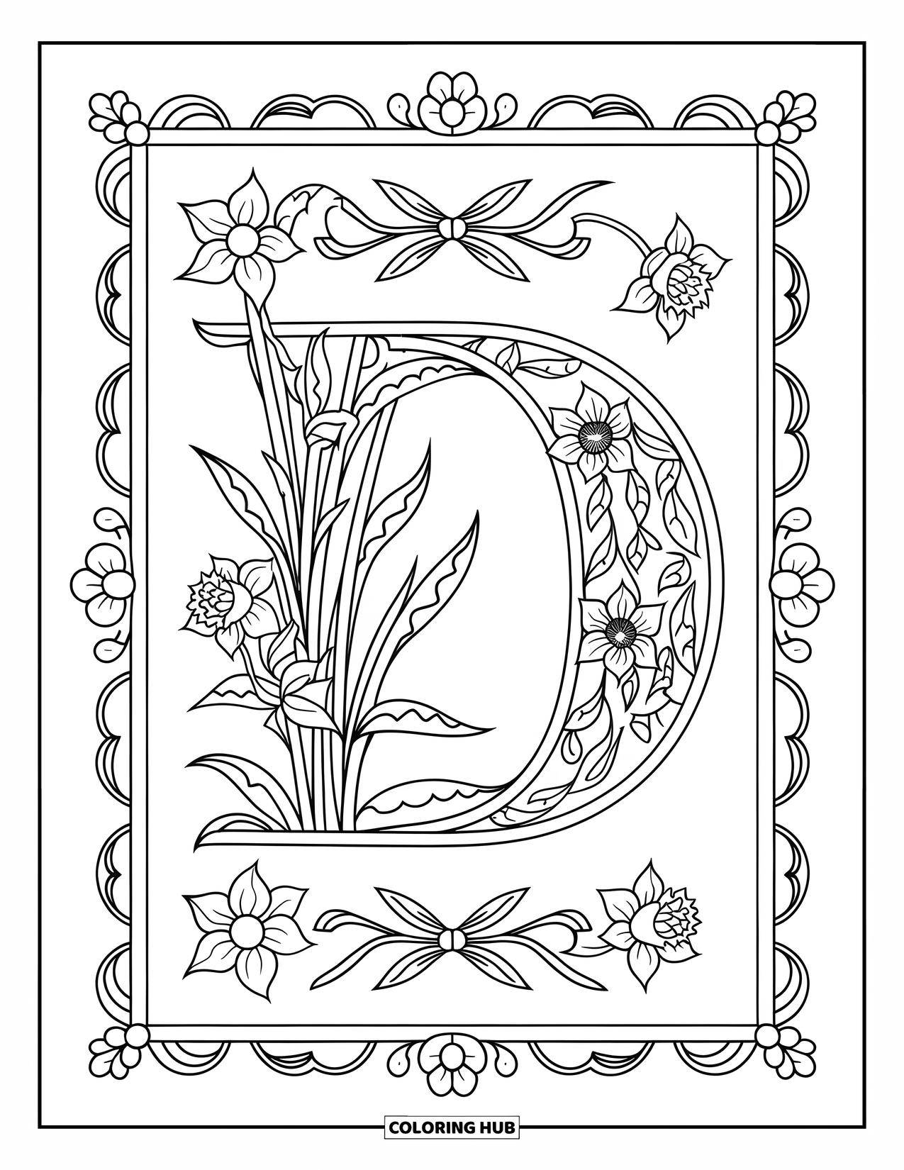 Letter D Coloring Page for Adults: The letter D is wrapped in ivy, daffodils, and swirly curls in a neat frame