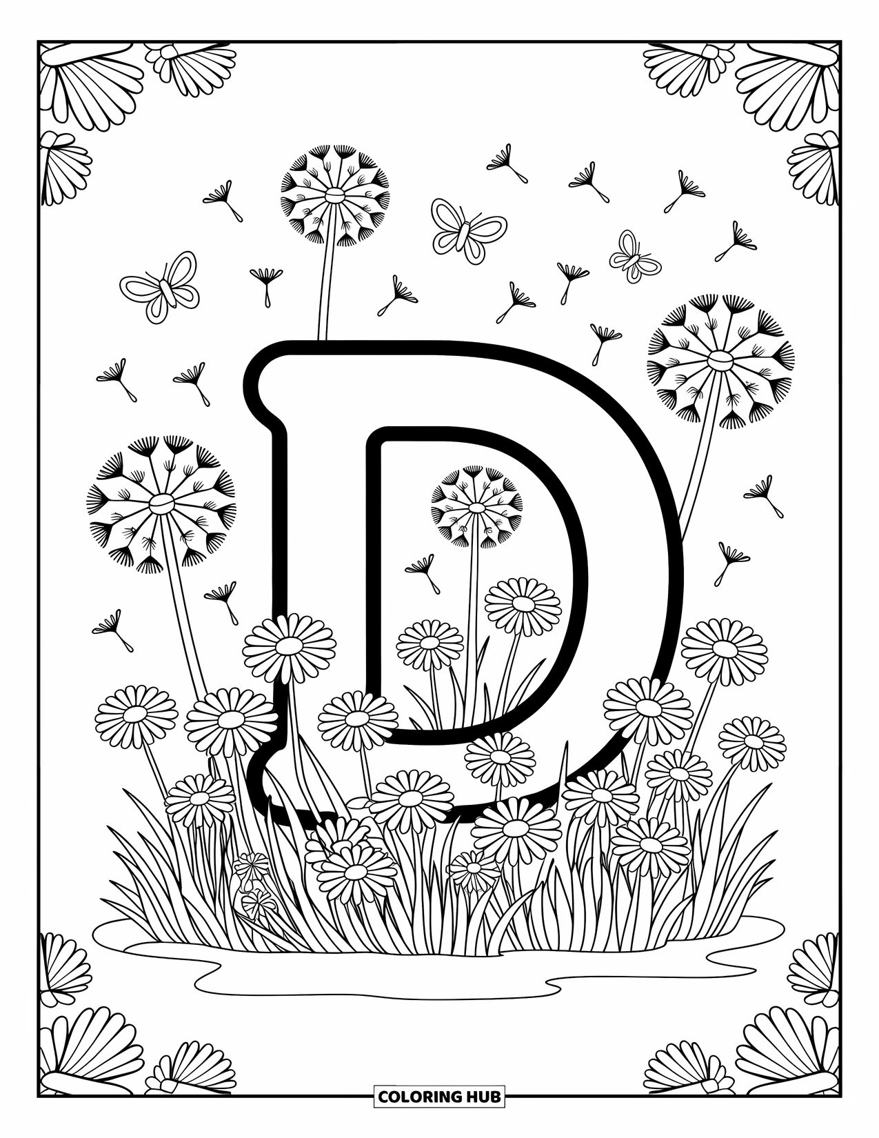 Letter D Coloring Page for Adults: The letter D lies in a flower patch with dandelion puffs and friendly butterflies
