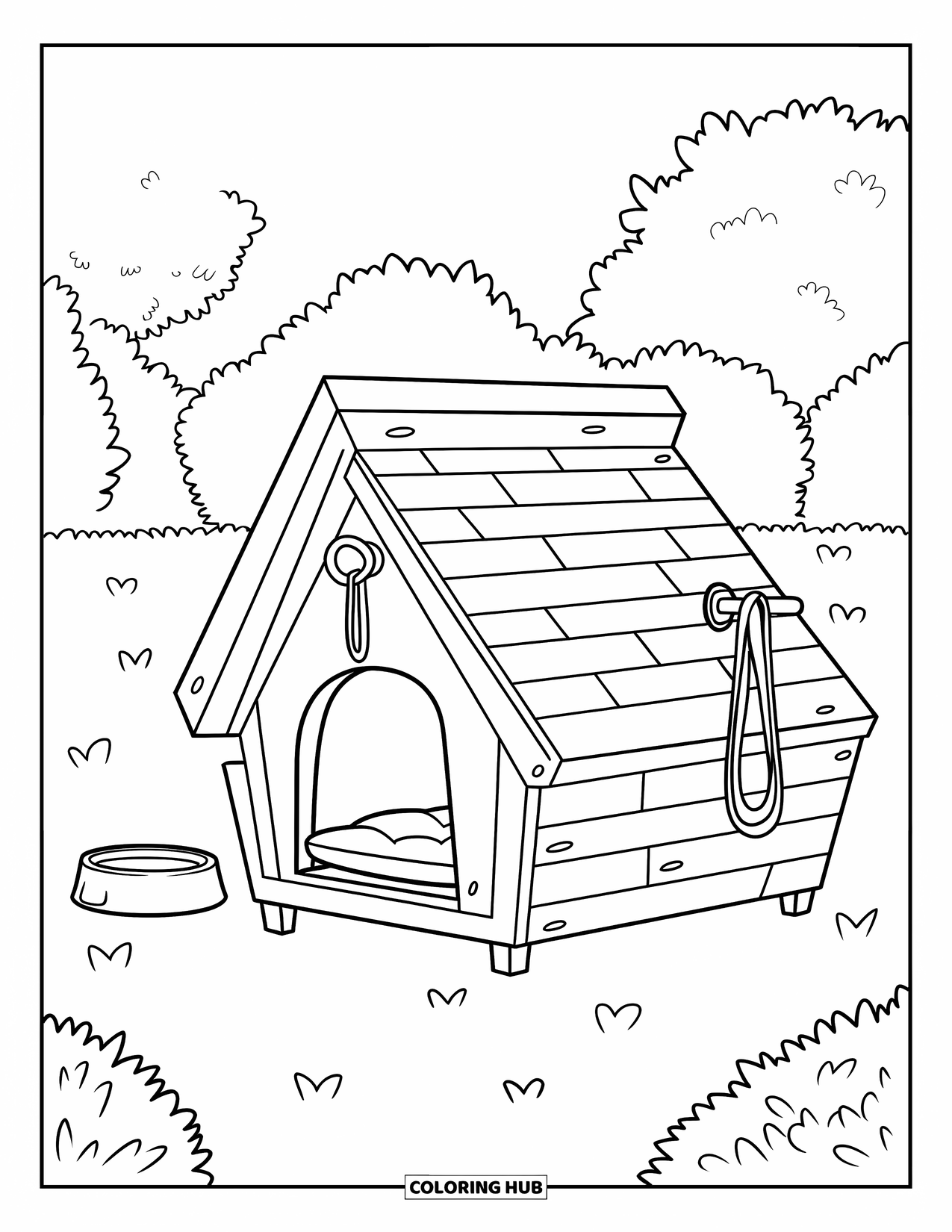 Letter D Coloring Page for Kids: A backyard dog house features a bowl, leash rack, and soft cushion