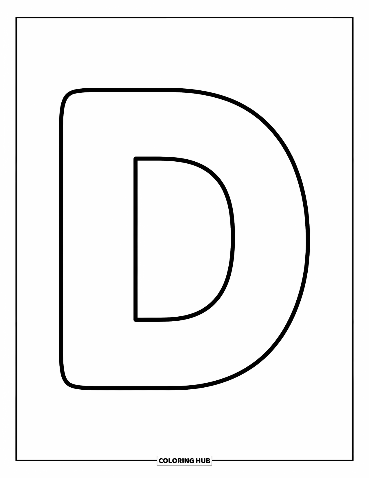 Letter D Coloring Page for Kids: A big, bold D stands proudly in the center of a clean white page