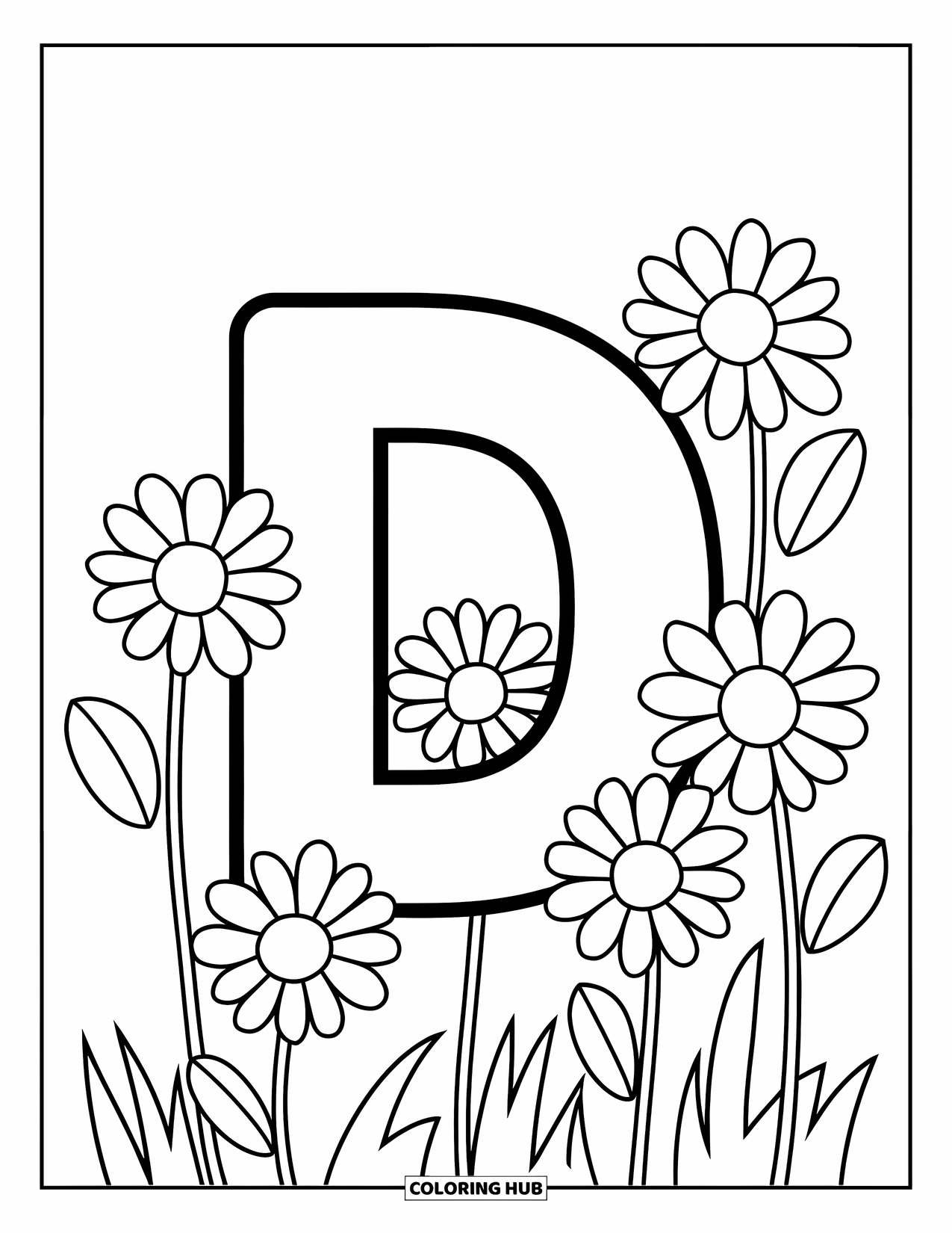 Letter D Coloring Page for Kids: A big letter D is surrounded by cheerful daisies on all sides