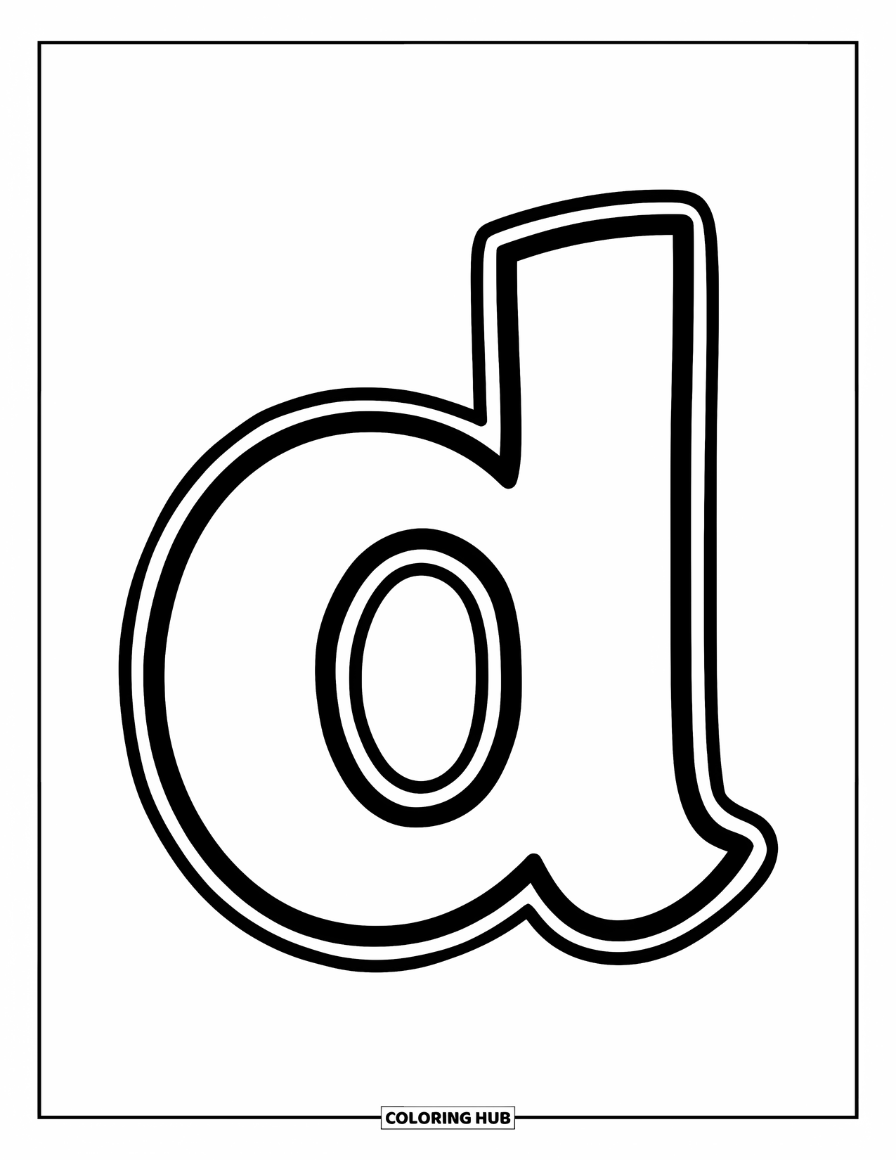 Letter D Coloring Page for Kids: A bold lowercase d is centered on the page with a cheerful look