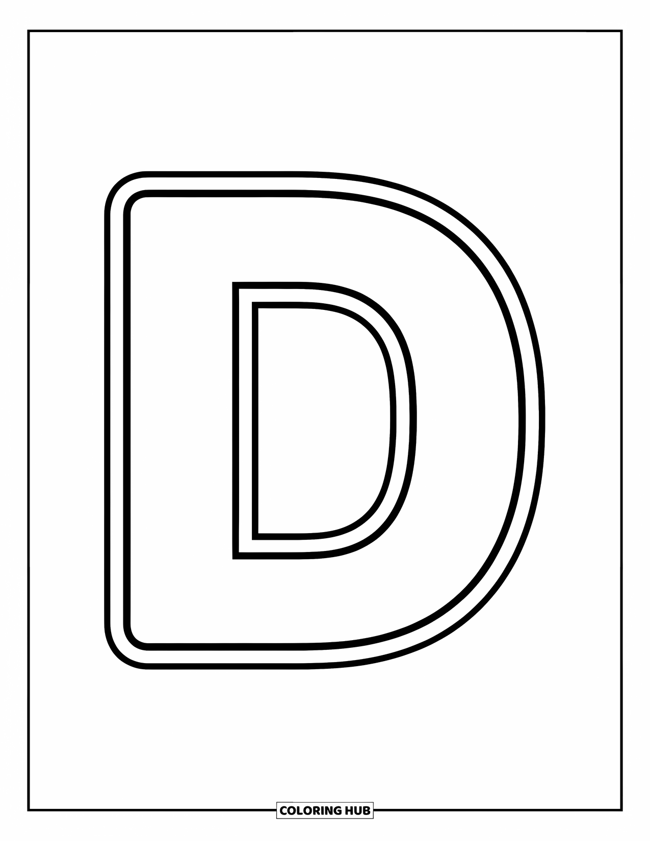 Letter D Coloring Page for Kids: A bold uppercase D fills the page with playful energy and simple lines