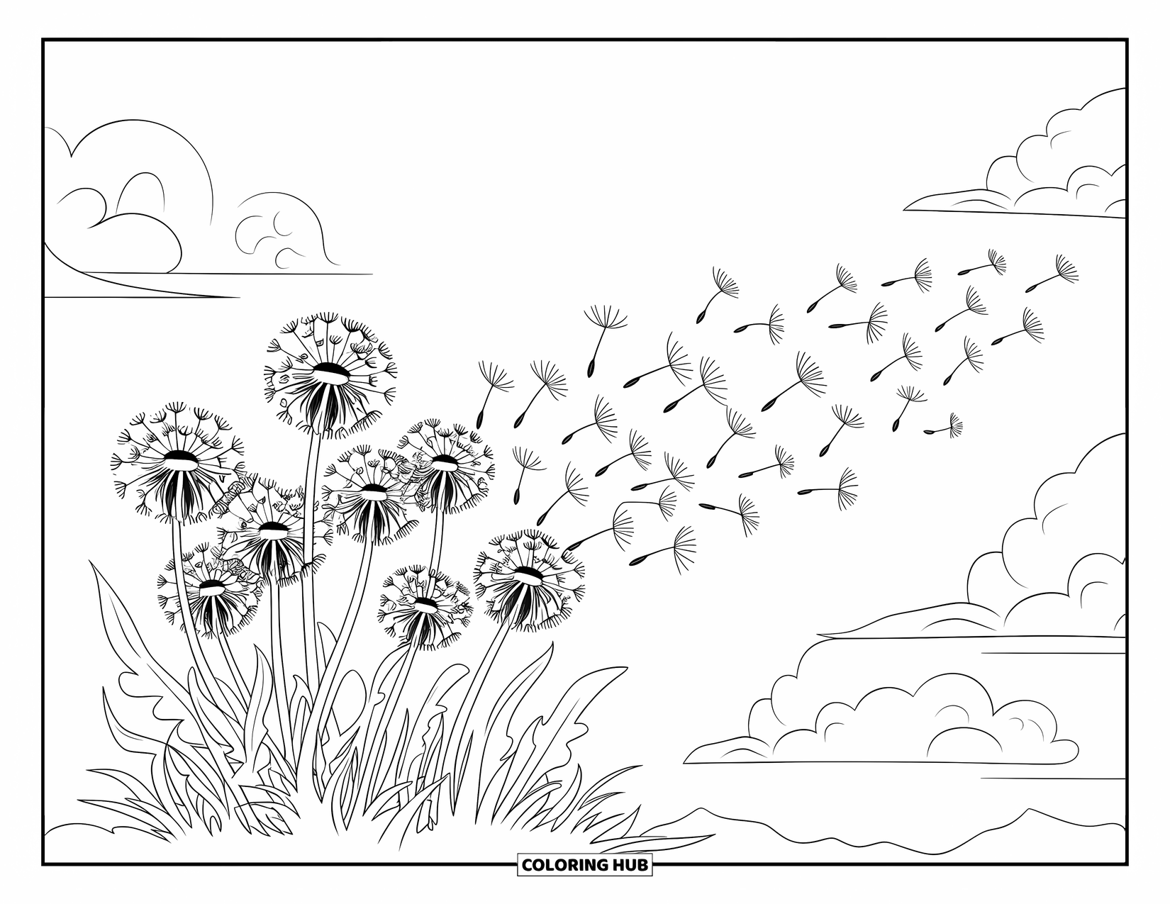 Letter D Coloring Page for Kids: A breeze carries fluffy dandelion seeds across a clear sky