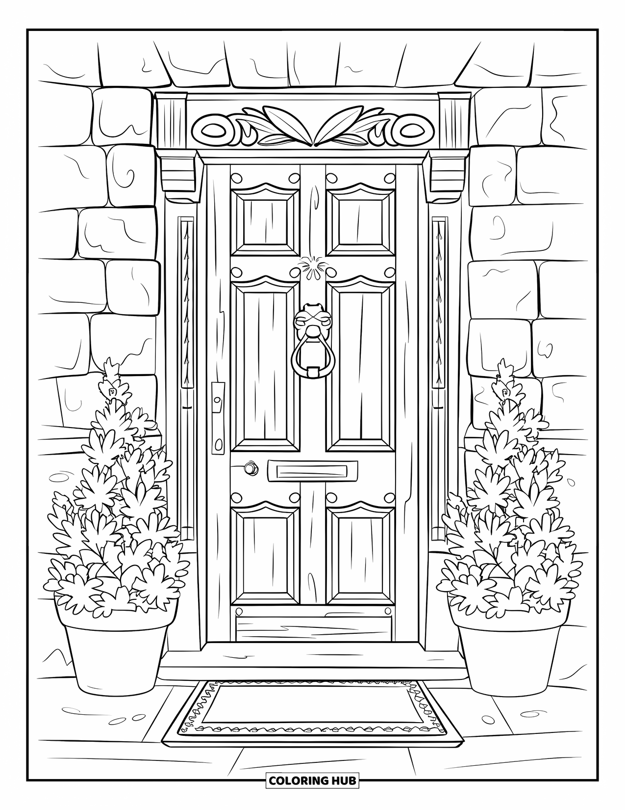 Letter D Coloring Page for Kids: A carved antique door stands with potted plants and a lion-shaped knocker