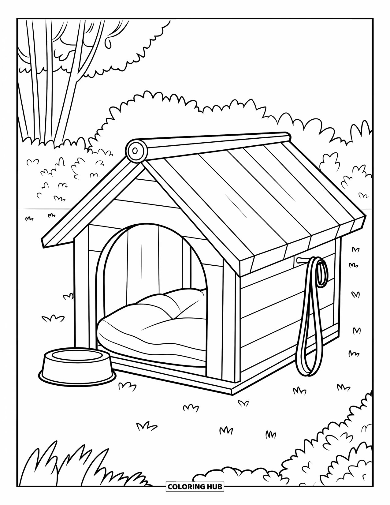 Letter D Coloring Page for Kids: A cozy dog house sits in a grassy yard with a bowl and cushion