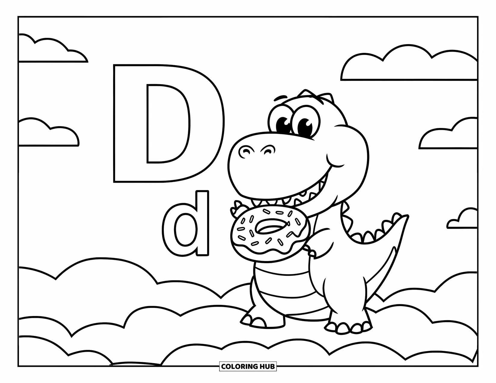 Letter D Coloring Page for Kids: A dinosaur with a big smile eats donuts under a sky with fluffy clouds
