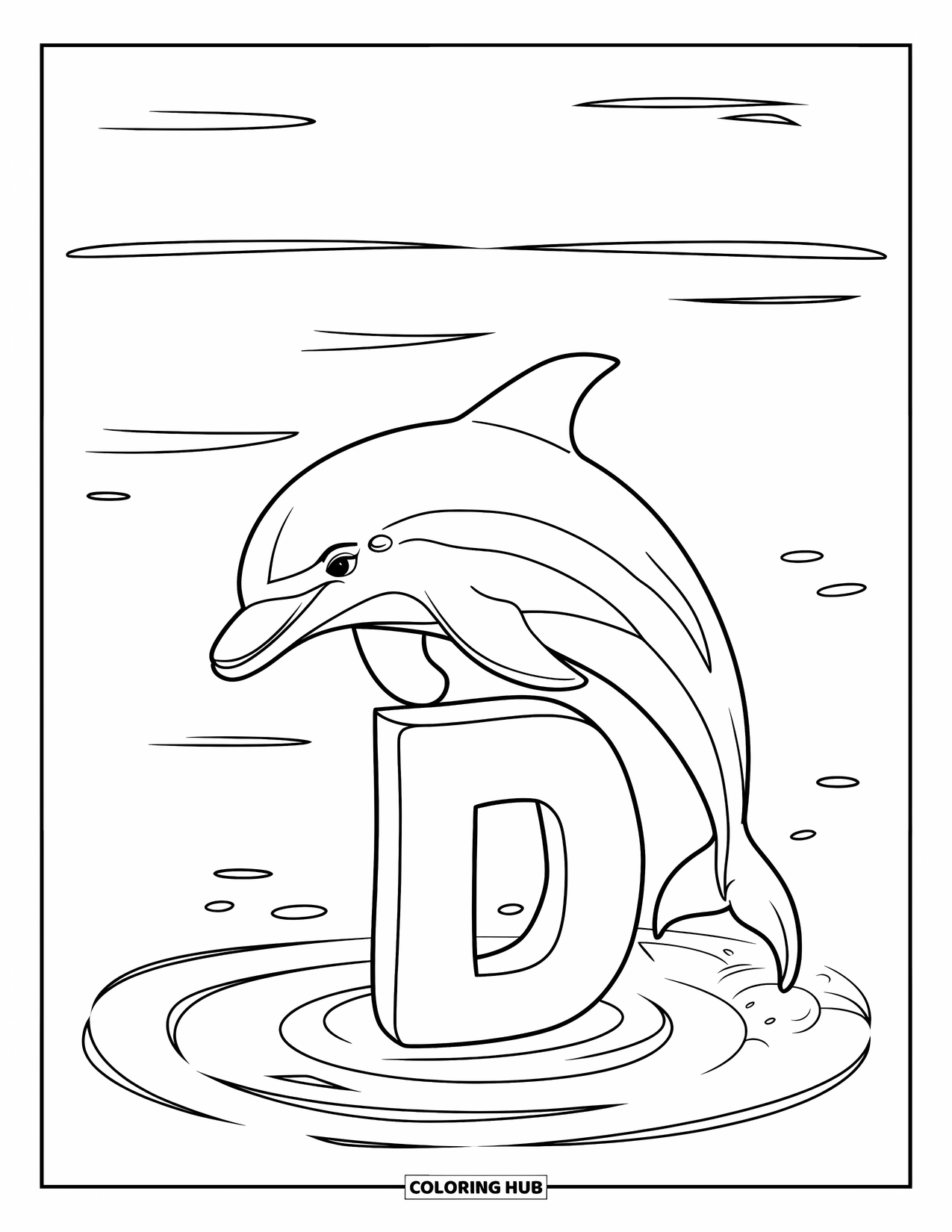 Letter D Coloring Page for Kids: A dolphin jumps around the floating letter D in calm waters