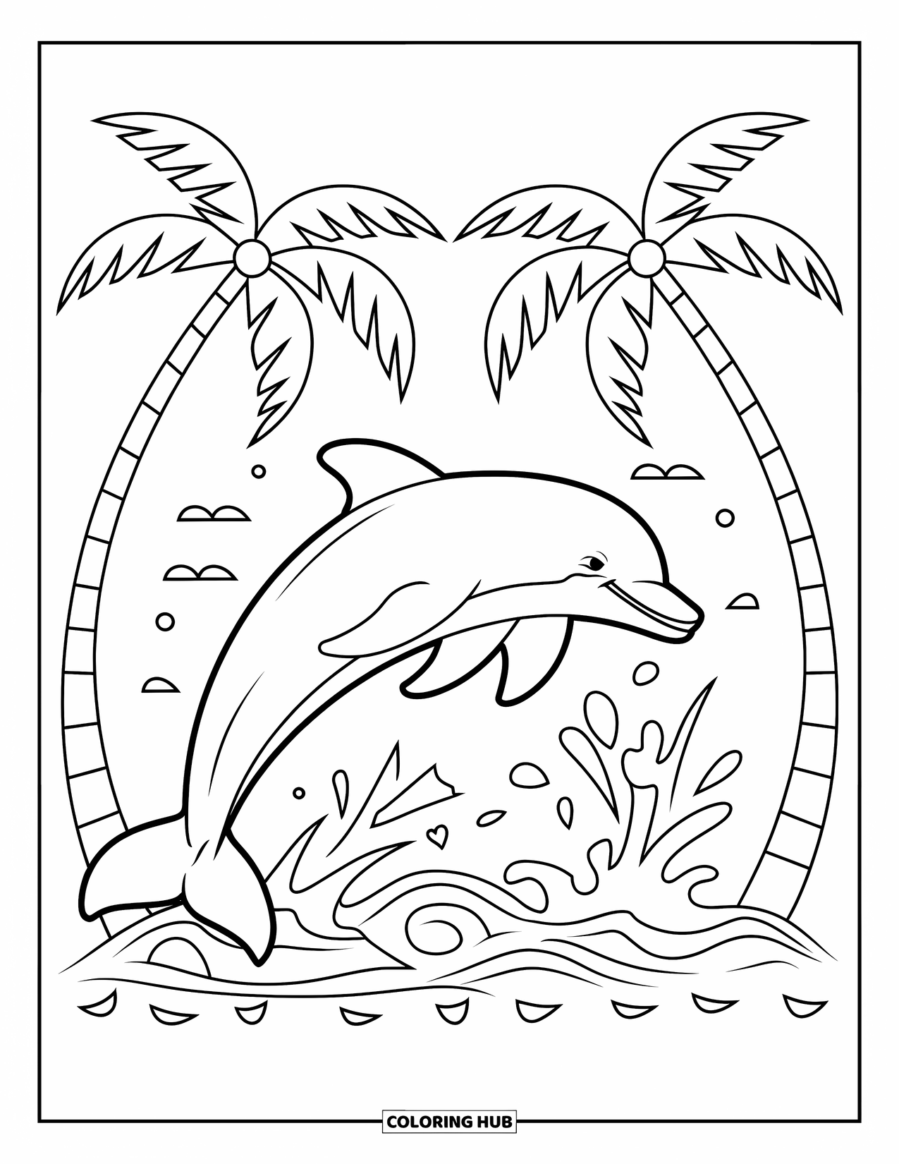 Letter D Coloring Page for Kids: A dolphin jumps playfully from the sea, framed by palm trees