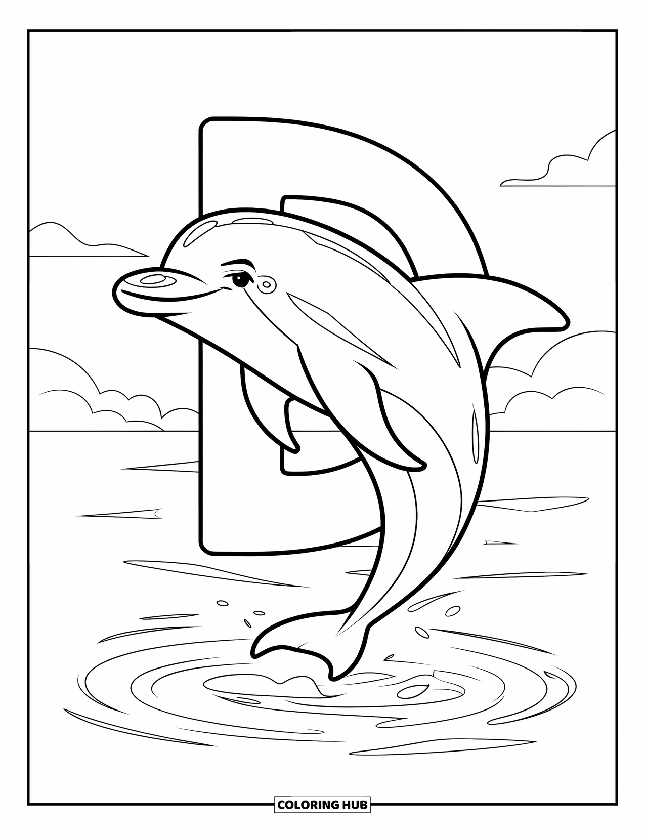 Letter D Coloring Page for Kids: A dolphin performs tricks around a floating D under a sunny sky