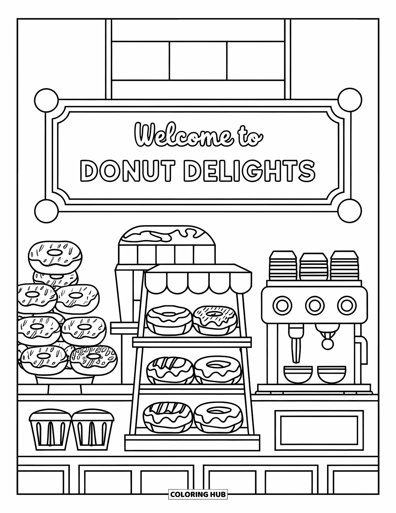 Letter D Coloring Page for Kids: A donut shop counter shows stacked treats and a friendly welcome sign