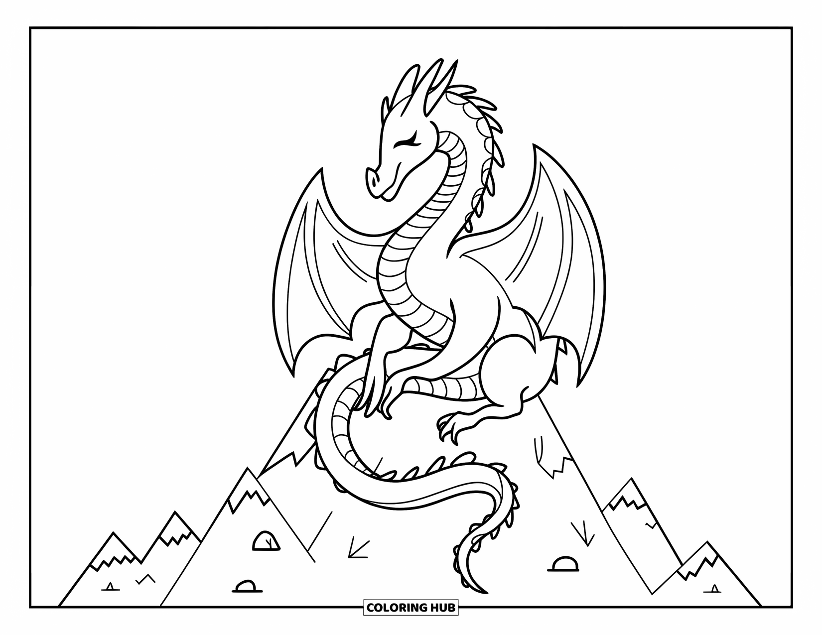 Letter D Coloring Page for Kids: A dragon with folded wings naps on a quiet mountain top