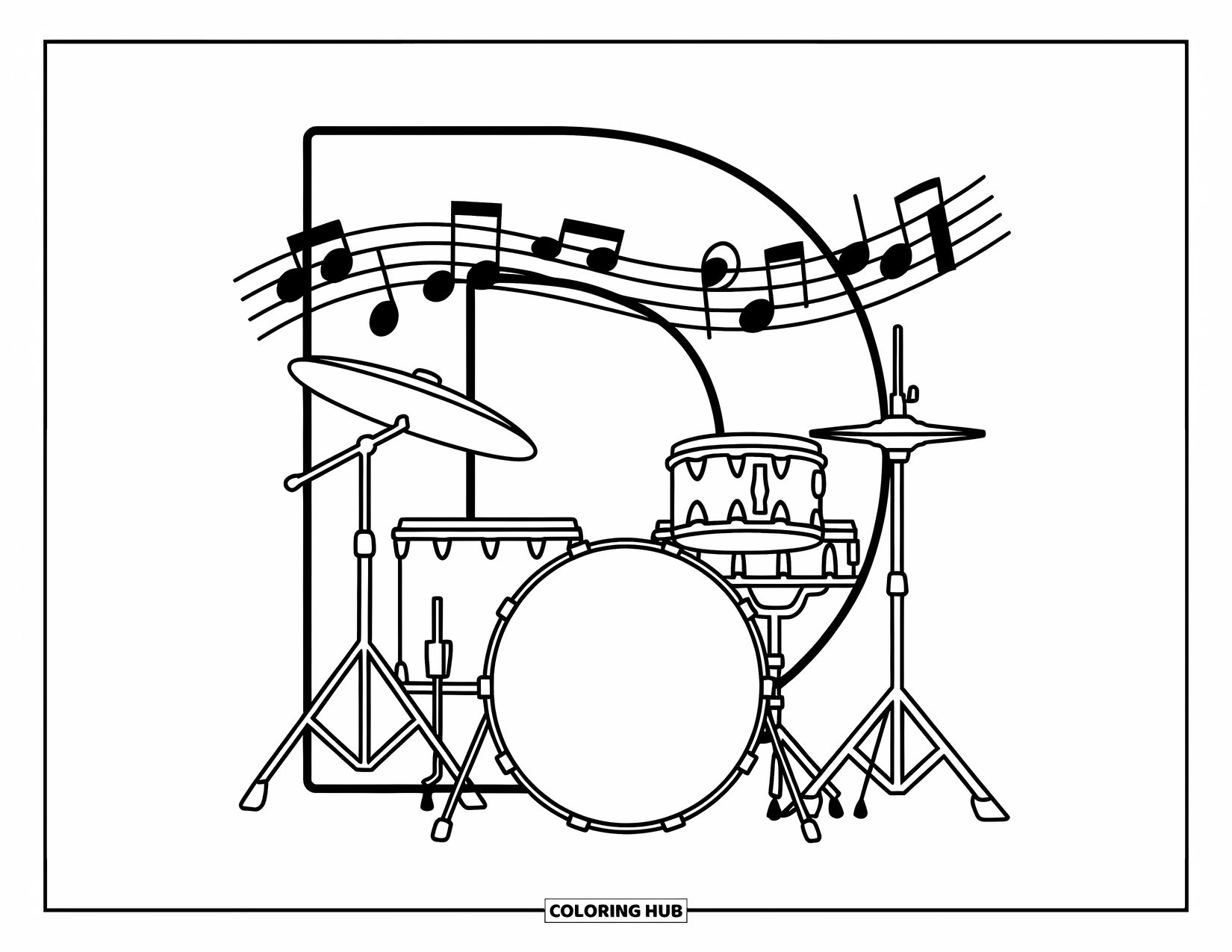 Letter D Coloring Page for Kids: A drum set with symbols and snare sits behind a bold letter D