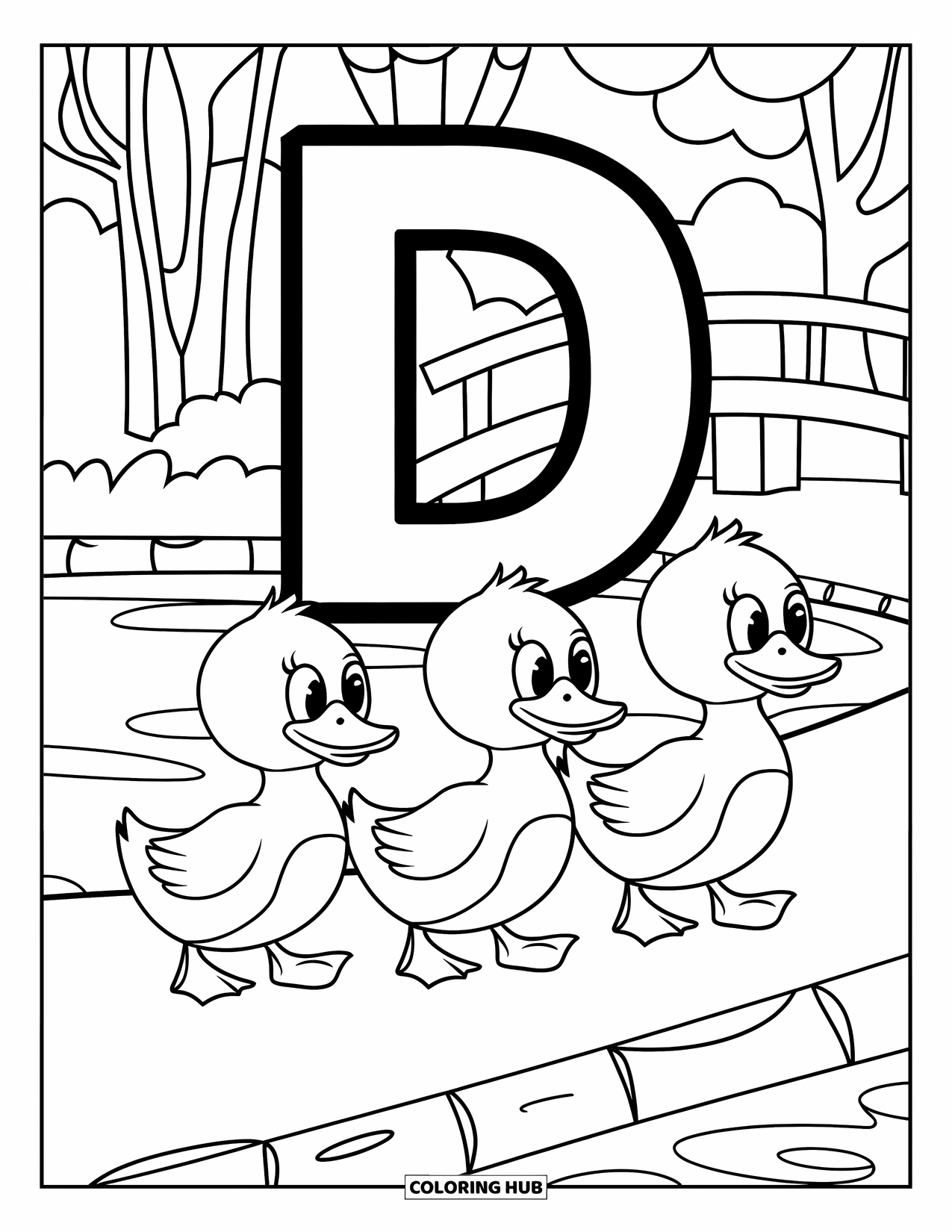 Letter D Coloring Page for Kids: A duck family walks in a line beside the letter D near a pond