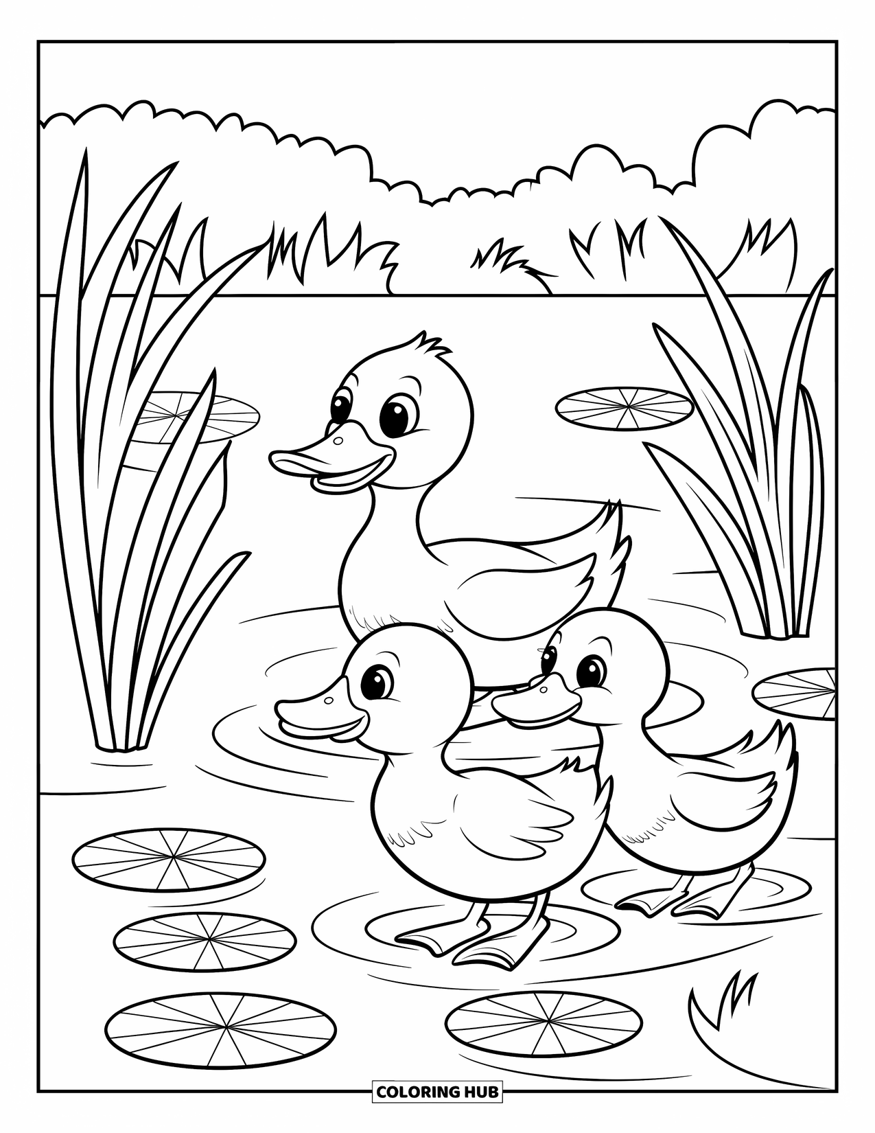 Letter D Coloring Page for Kids: A duck guides her ducklings through a peaceful pond under a clear sky