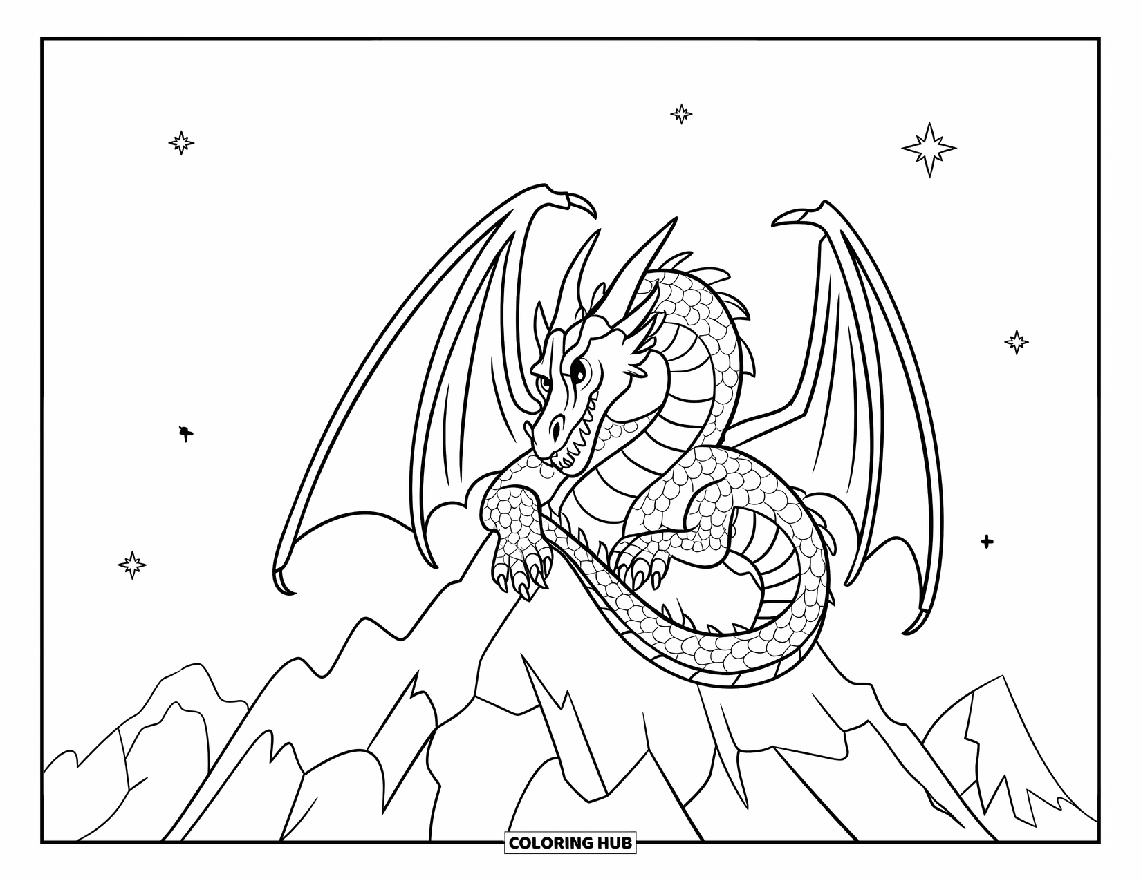 Letter D Coloring Page for Kids: A fierce dragon curls on sharp rocks under a starry sky