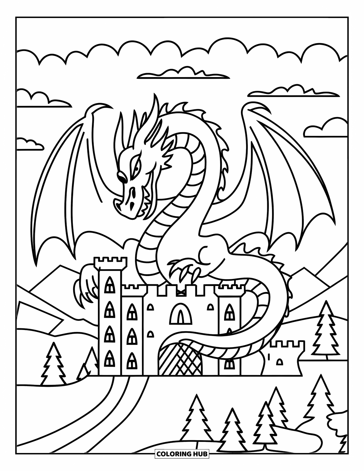 Letter D Coloring Page for Kids: A fierce dragon curls protectively around a tall castle with towers
