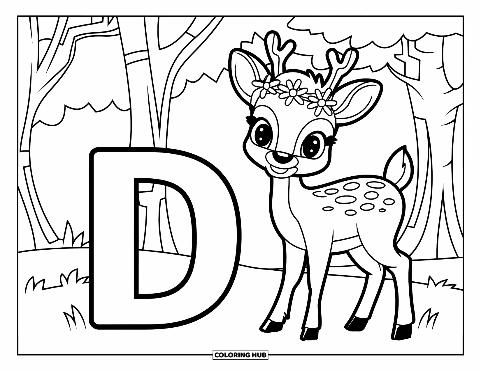 Letter D Coloring Page for Kids: A flower-crowned deer stands near the letter D in a forest