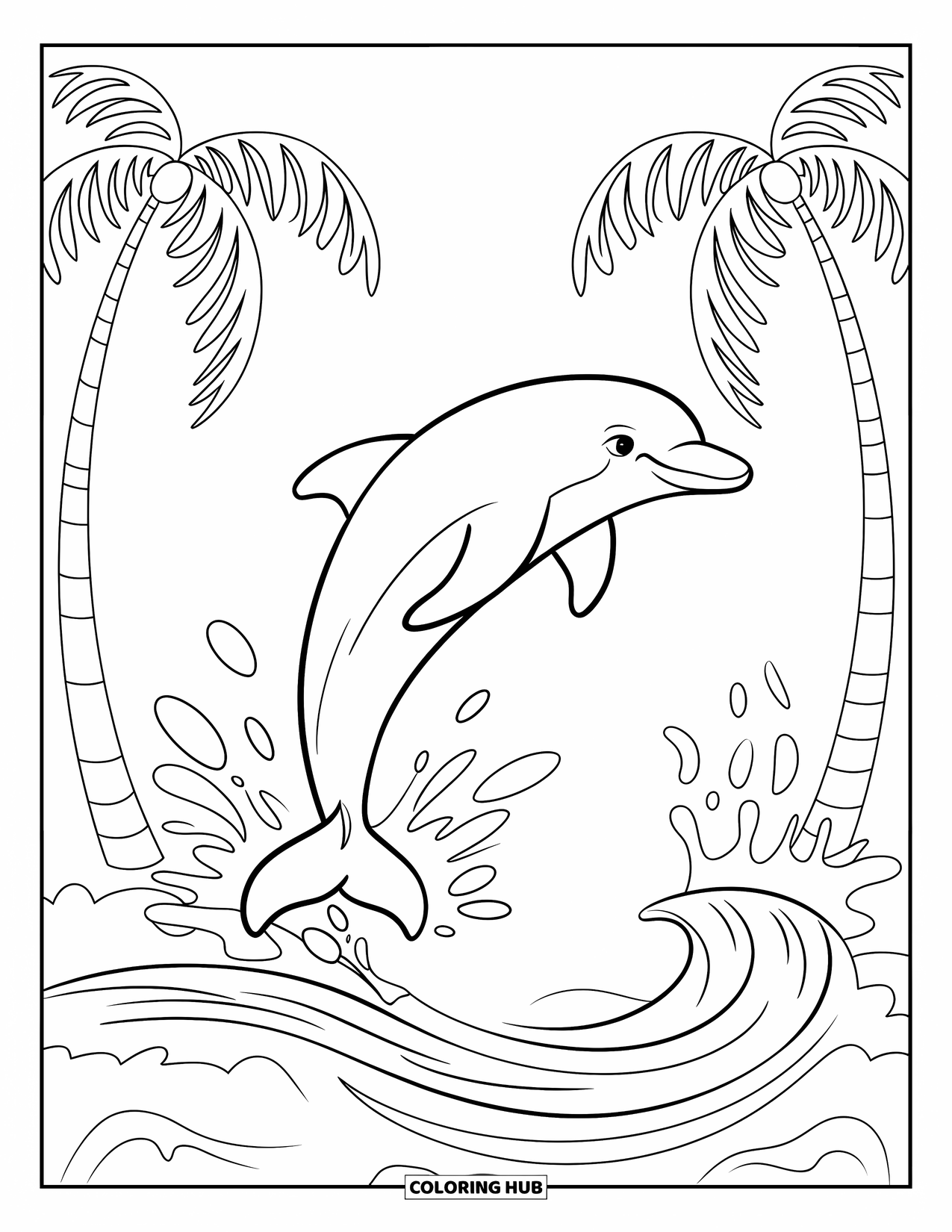 Letter D Coloring Page for Kids: A happy dolphin leaps from ocean waves between two palm trees