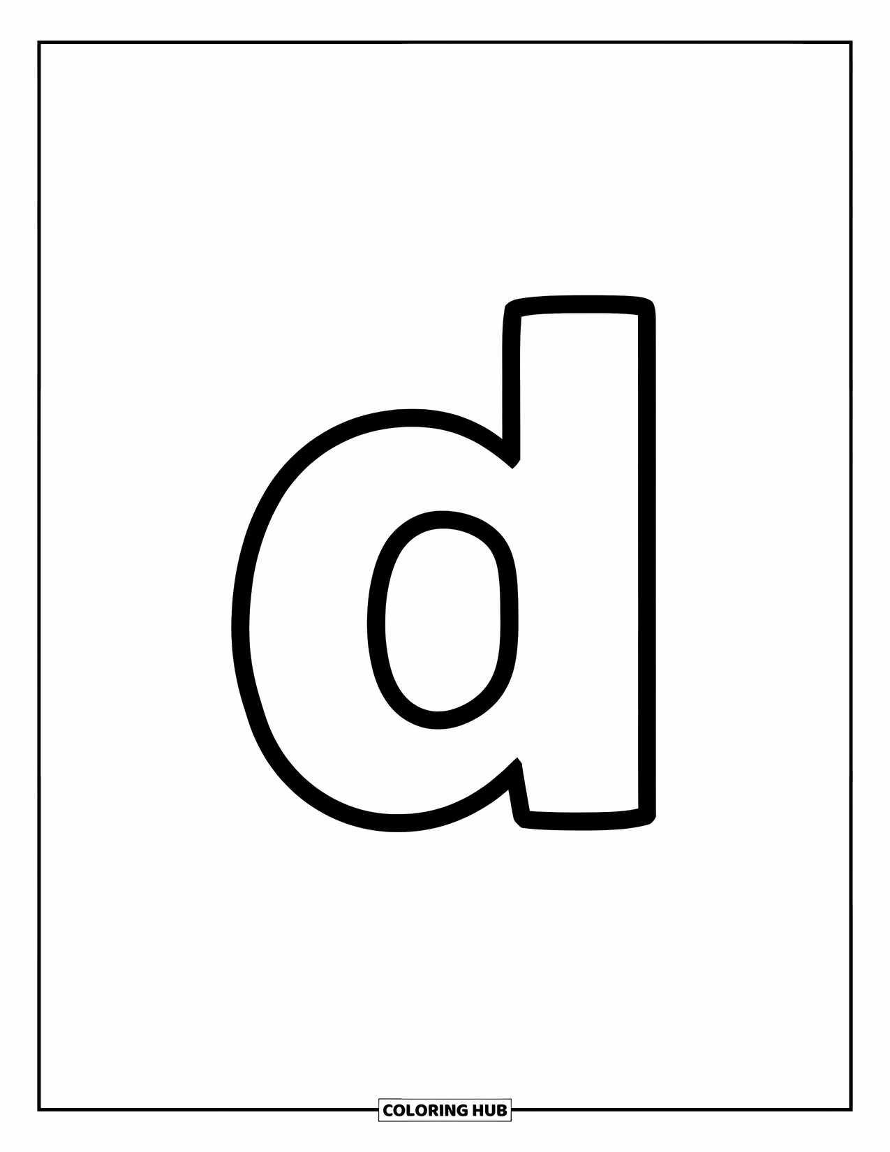 Letter D Coloring Page for Kids: A happy lowercase d stands in the middle with bold lines and simple style