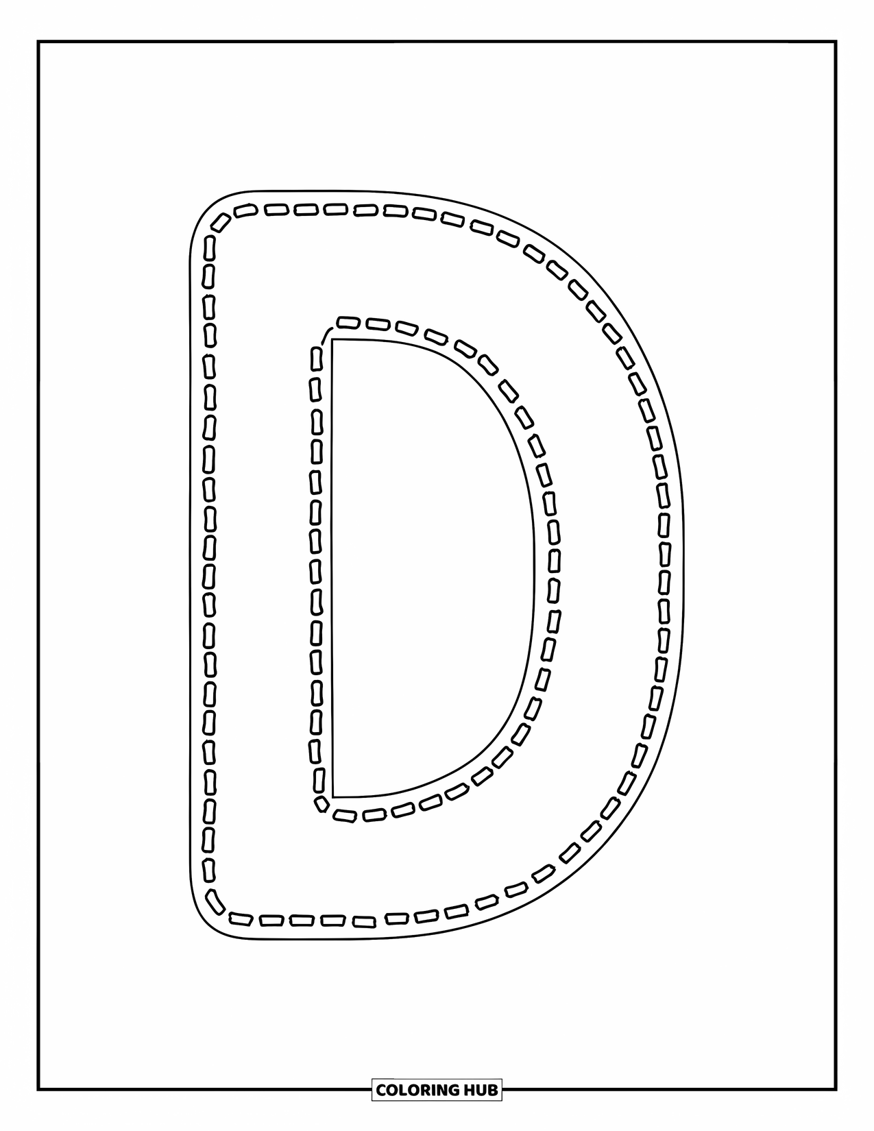 Letter D Coloring Page for Kids: A large dotted D invites preschoolers to trace with ease and confidence