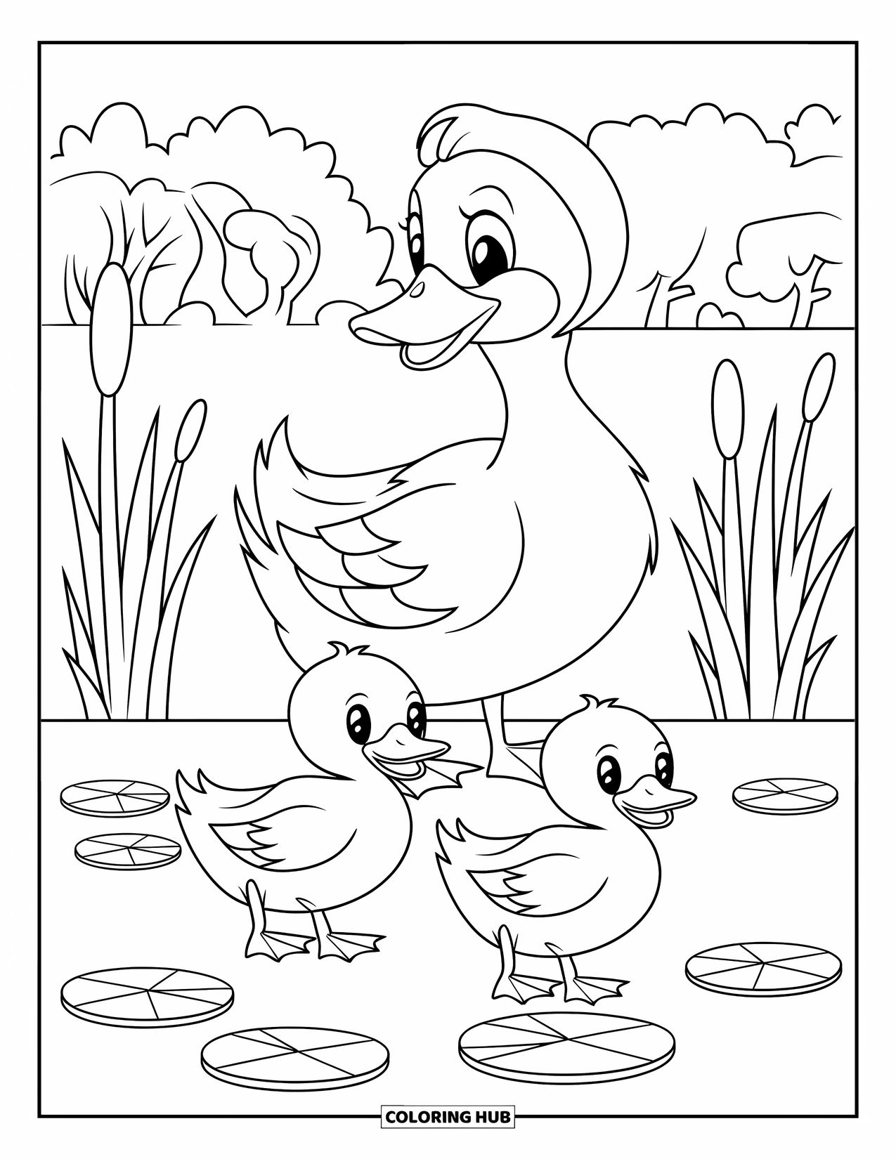 Letter D Coloring Page for Kids: A mama duck leads two ducklings past lily pads and reeds