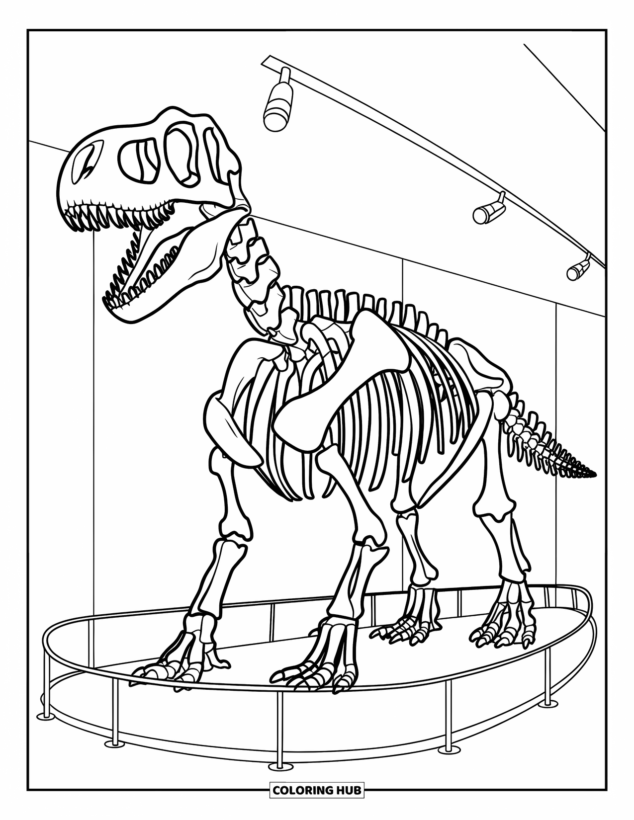 Letter D Coloring Page for Kids: A museum displays a huge dinosaur skeleton surrounded by lights and ropes