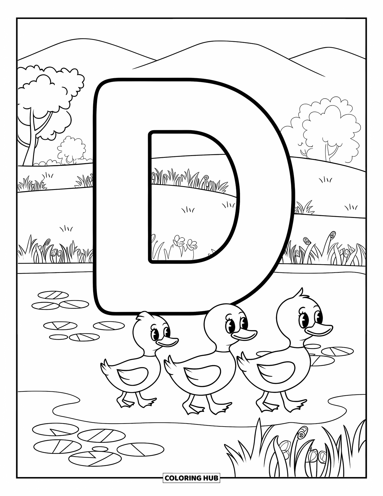 Letter D Coloring Page for Kids: A pond scene shows ducks walking in line beside a big letter D