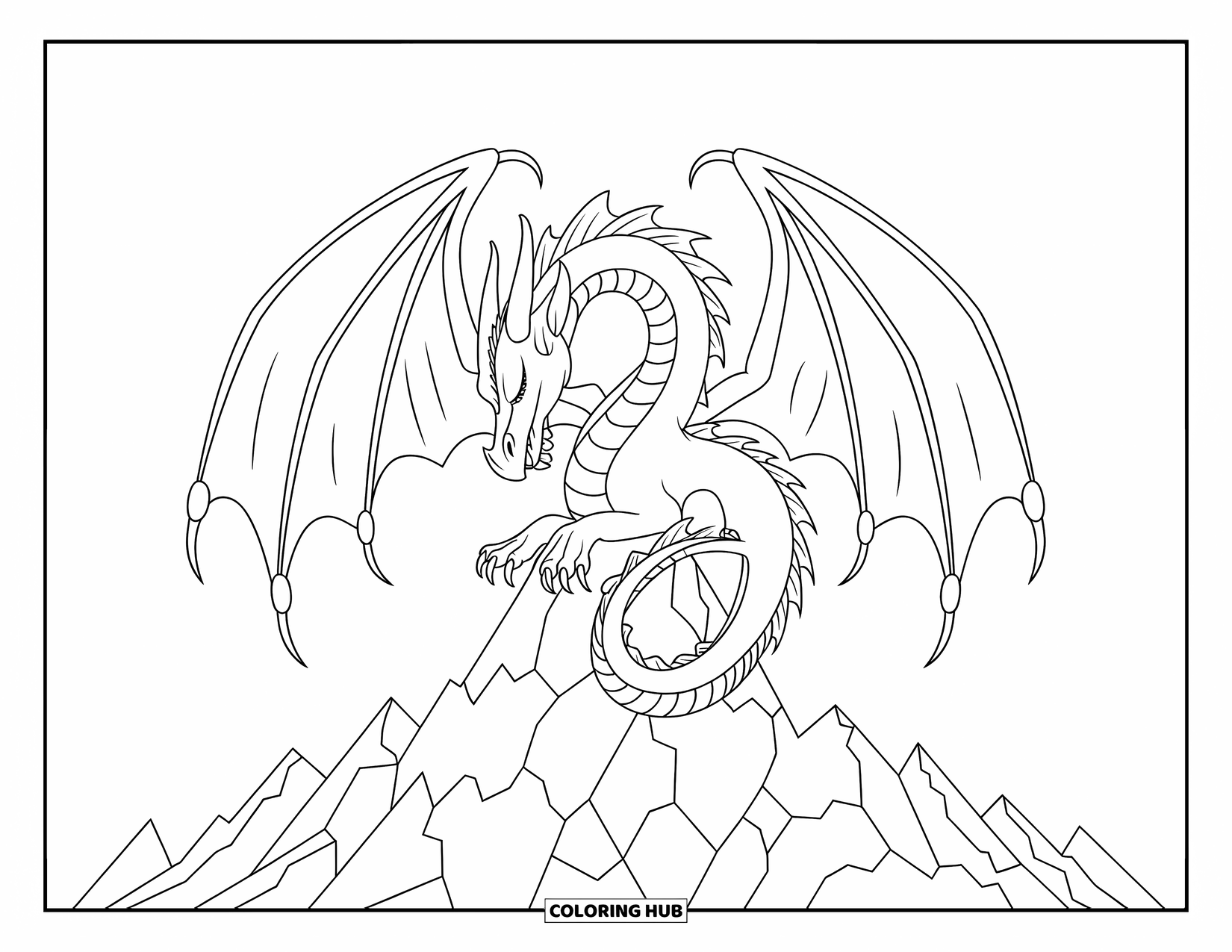 Letter D Coloring Page for Kids: A sleepy dragon curls atop a rocky mountain peak under a clear sky