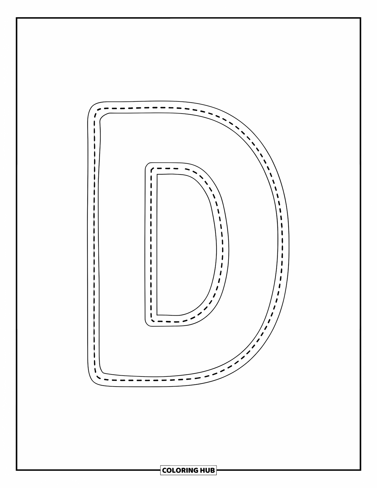 Letter D Coloring Page for Kids: A small dotted letter d is ready for tracing in the center of the page