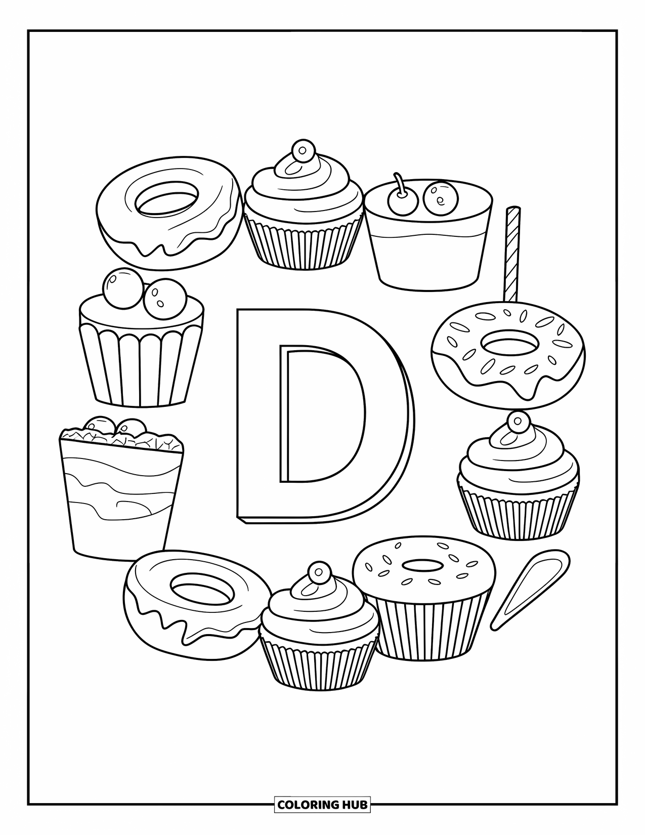 Letter D Coloring Page for Kids: Cupcakes, pudding, and a donut form a dessert ring around the letter D