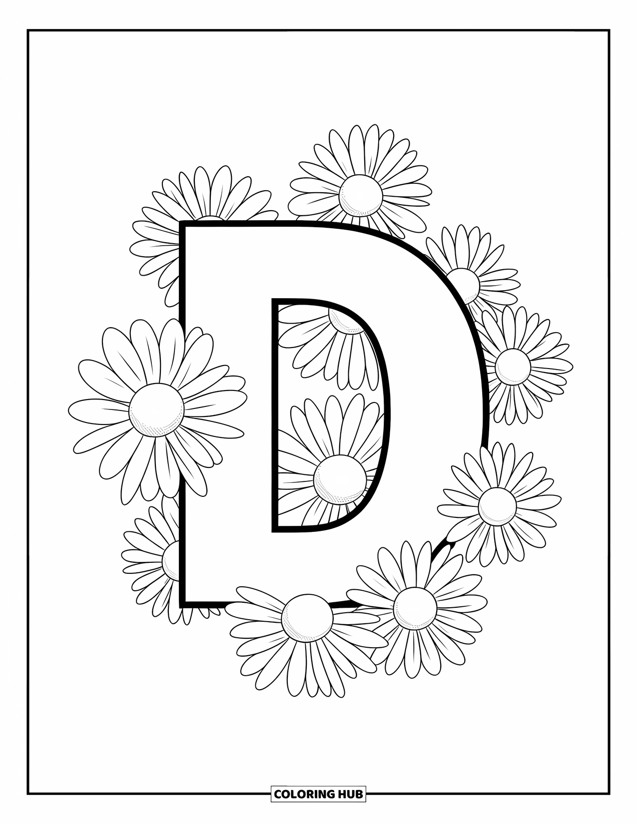 Letter D Coloring Page for Kids: Daisies bloom around a large, bold letter D in the center