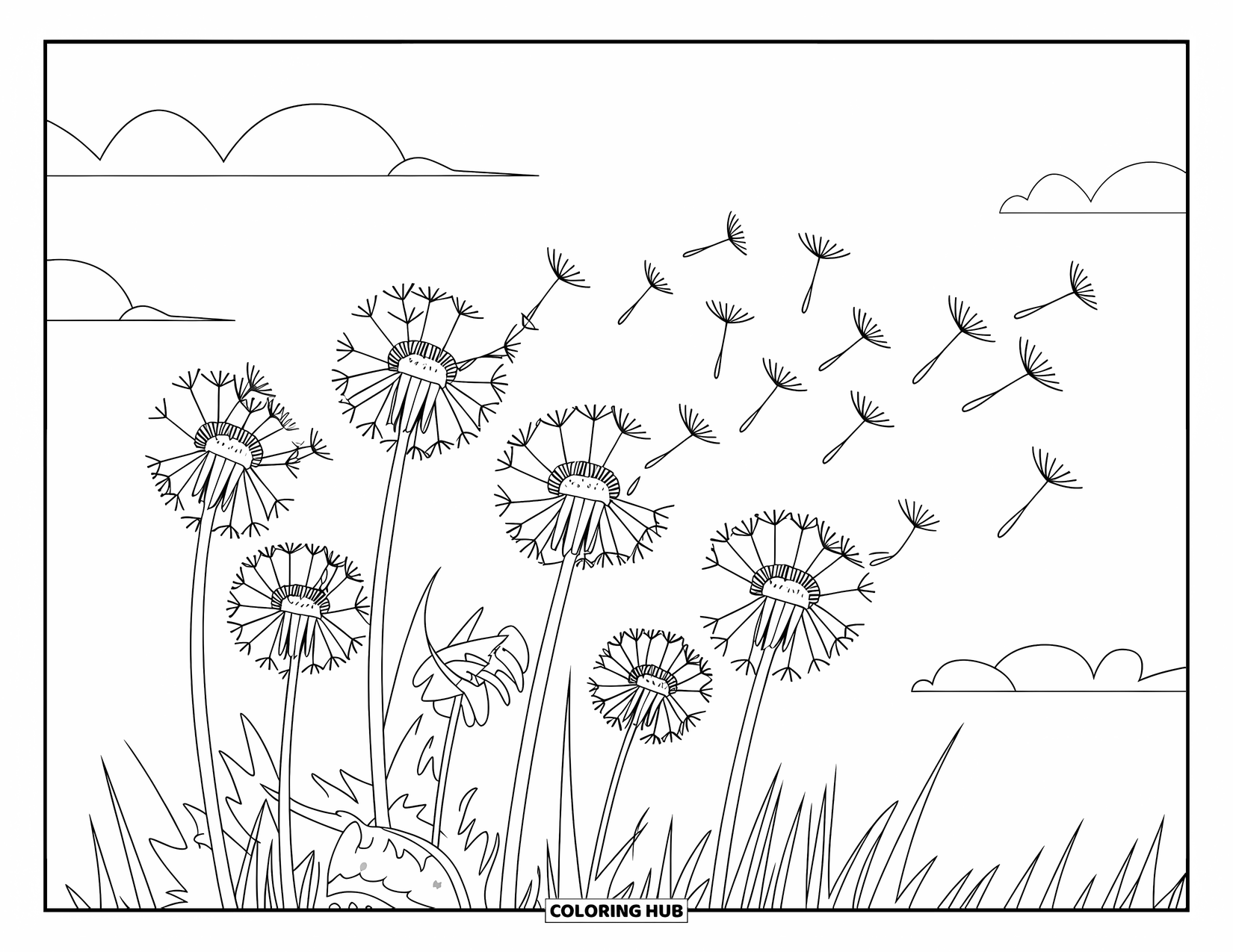 Letter D Coloring Page for Kids: Dandelions release their seeds into a swirling, windy sky