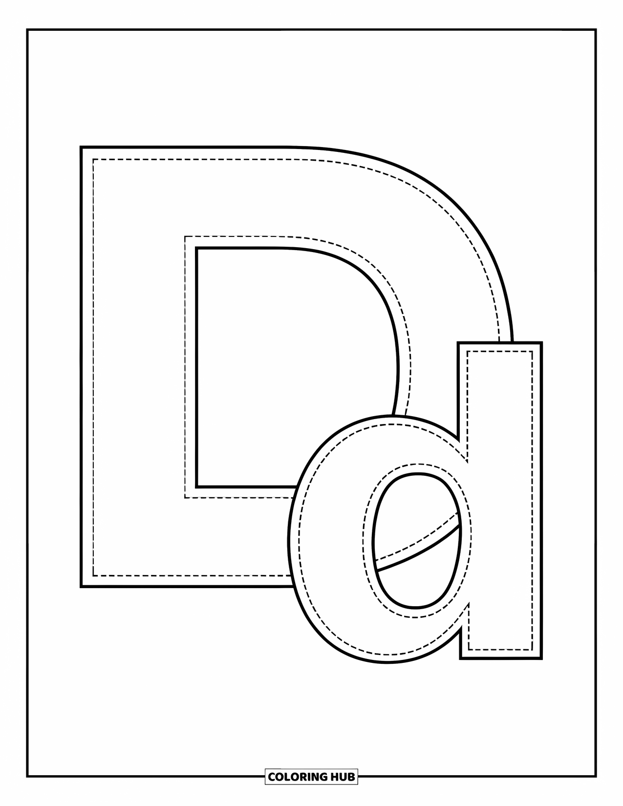 Letter D Coloring Page for Kids: Dotted letters D and d are side by side for tracing fun
