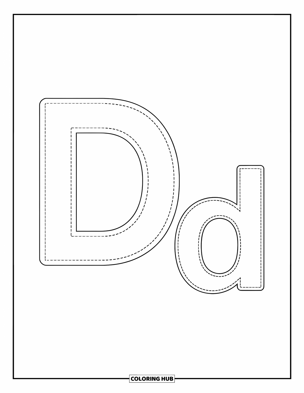 Letter D Coloring Page for Kids: Dotted uppercase D and lowercase d invite kids to trace with ease