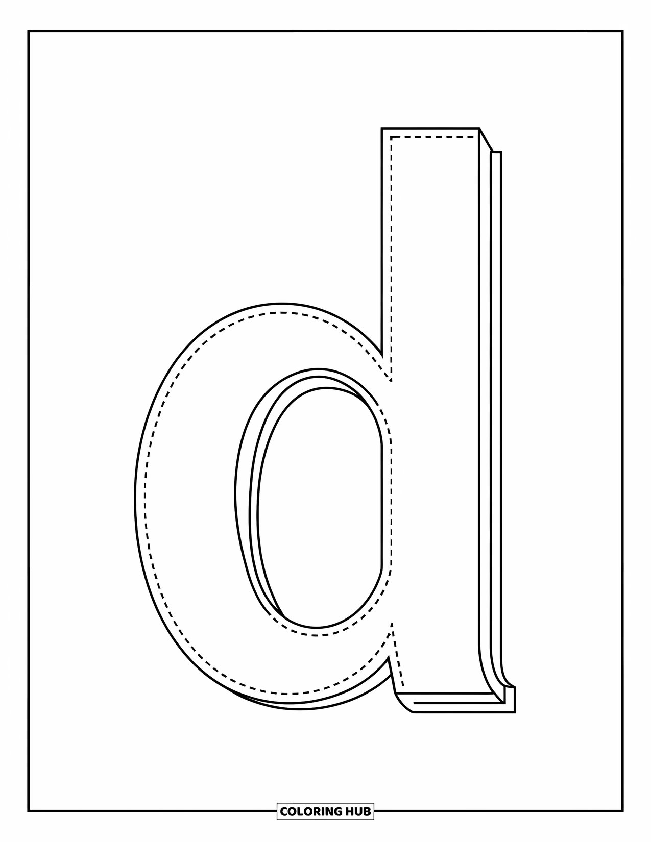 Letter D Coloring Page for Kids: Lowercase d appears in a dotted style for easy and cheerful tracing