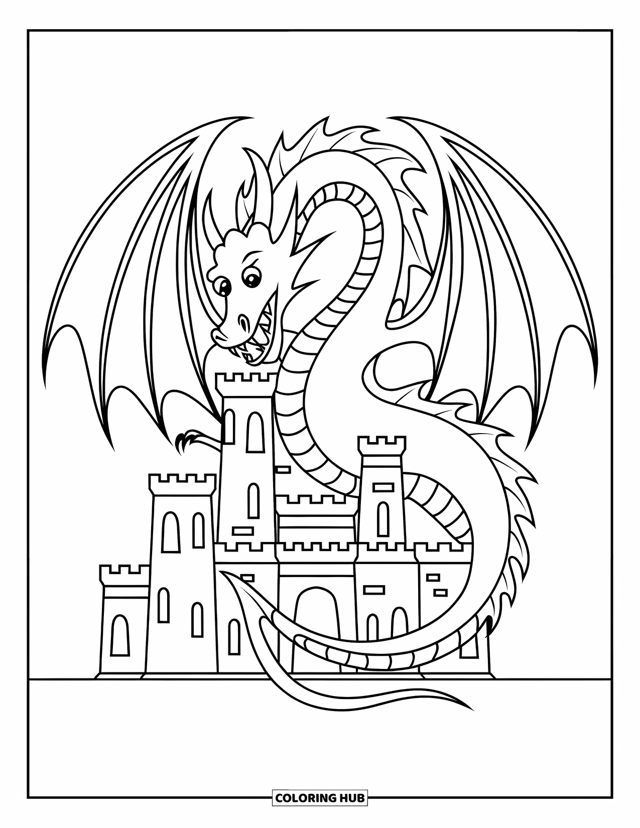 Letter D Coloring Page for Kids: The dragon coils around a castle with sharp teeth and wide eyes