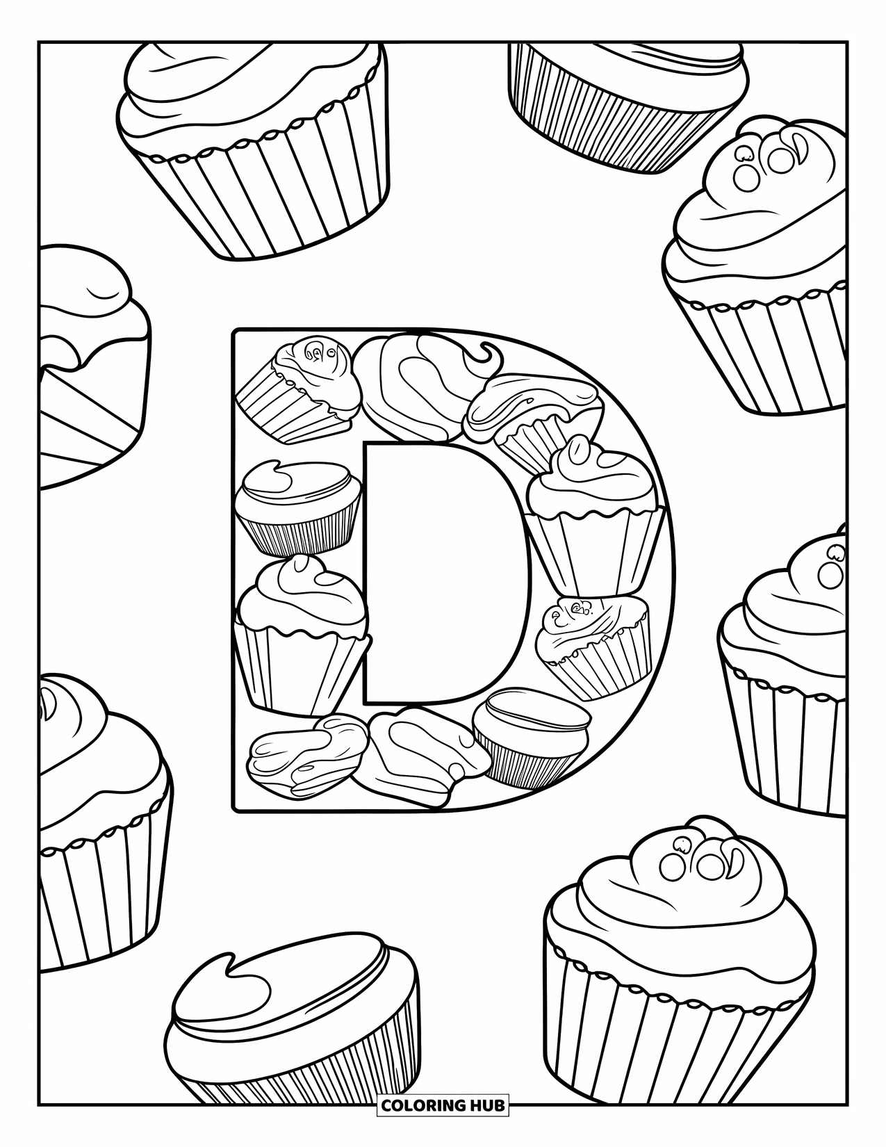 Letter D Coloring Page for Kids: The letter D is made of sweet treats and surrounded by more yummy desserts