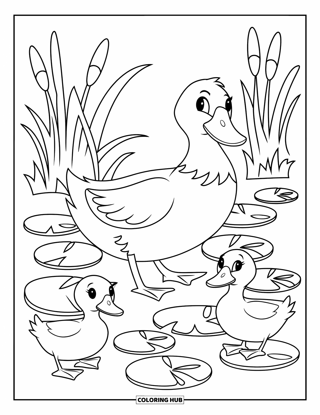 Letter D Coloring Page for Kids: Two ducklings follow their mama near lily pads in a calm pond