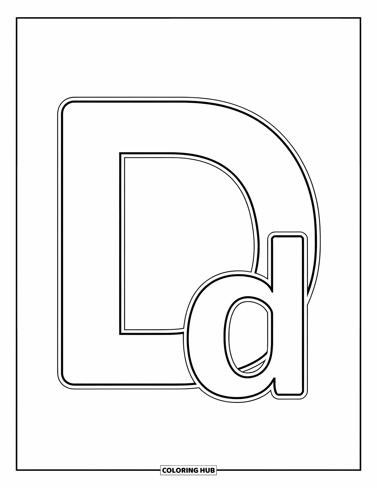 Letter D Coloring Page for Kids: Uppercase D and lowercase d stand side by side with thick, bold outlines