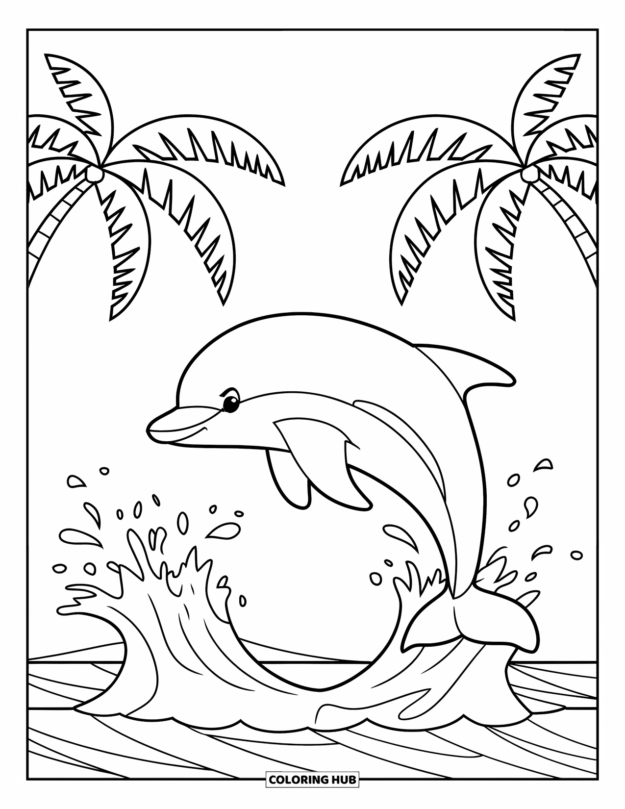 Letter D Coloring Page for Kids: Waves splash around a jumping dolphin under a bright sky